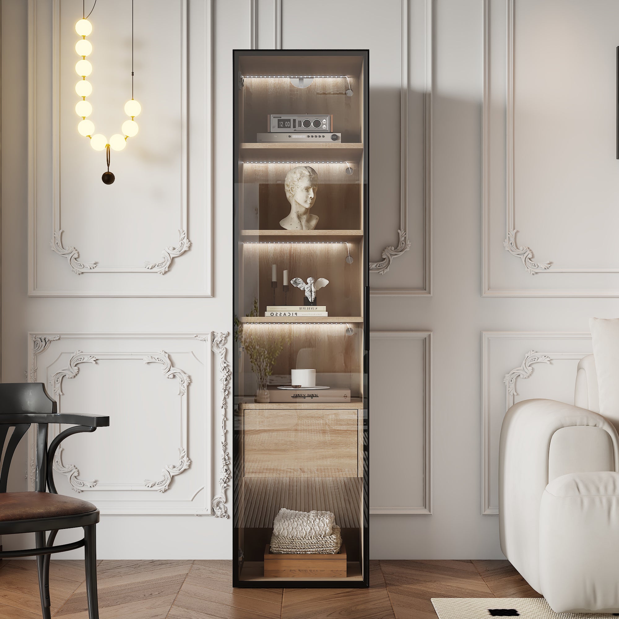 Vitrine Meuble de salle de bain avec LED - 1 porte vitrées - Naturel - 3
