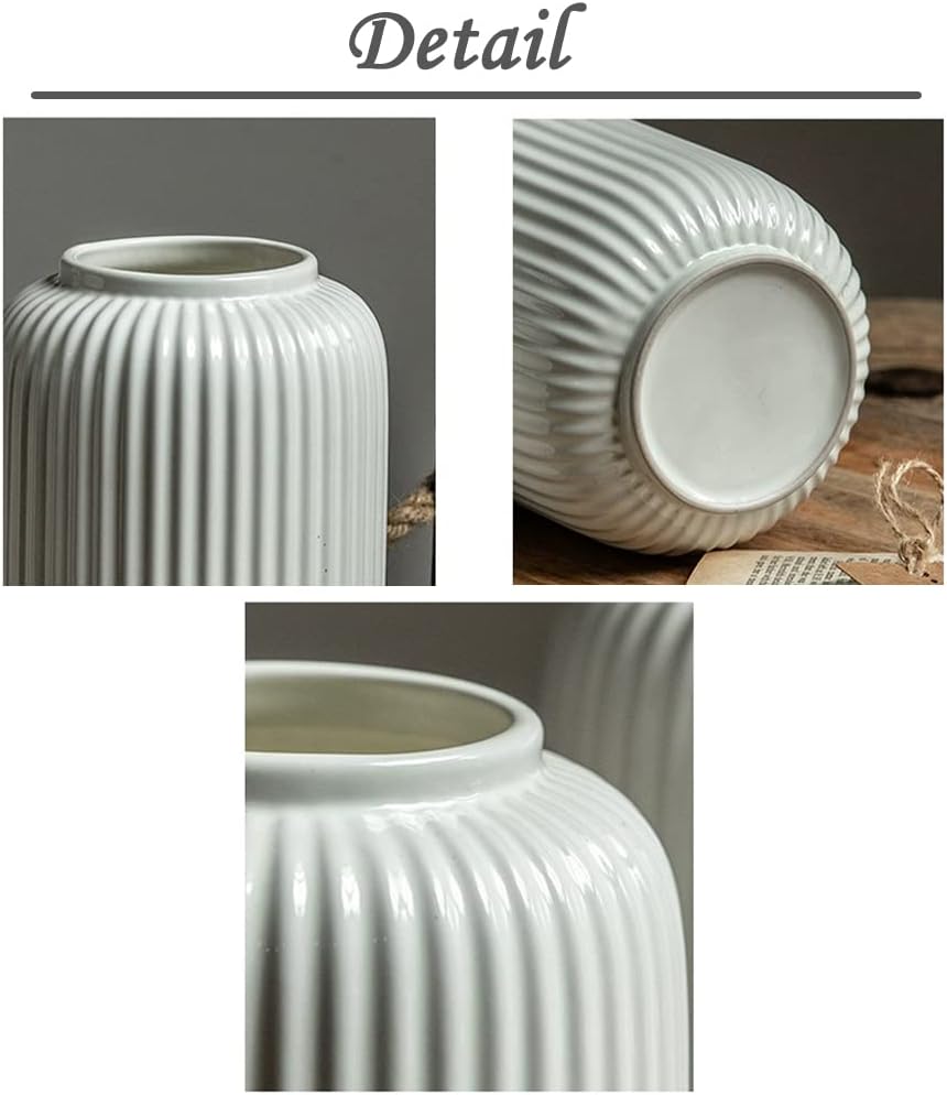 Jarrón de cerámica blanca acanalada de 20 cm de altura para hierba de la Pampa, jarrón decorativo para centro de mesa. - 3