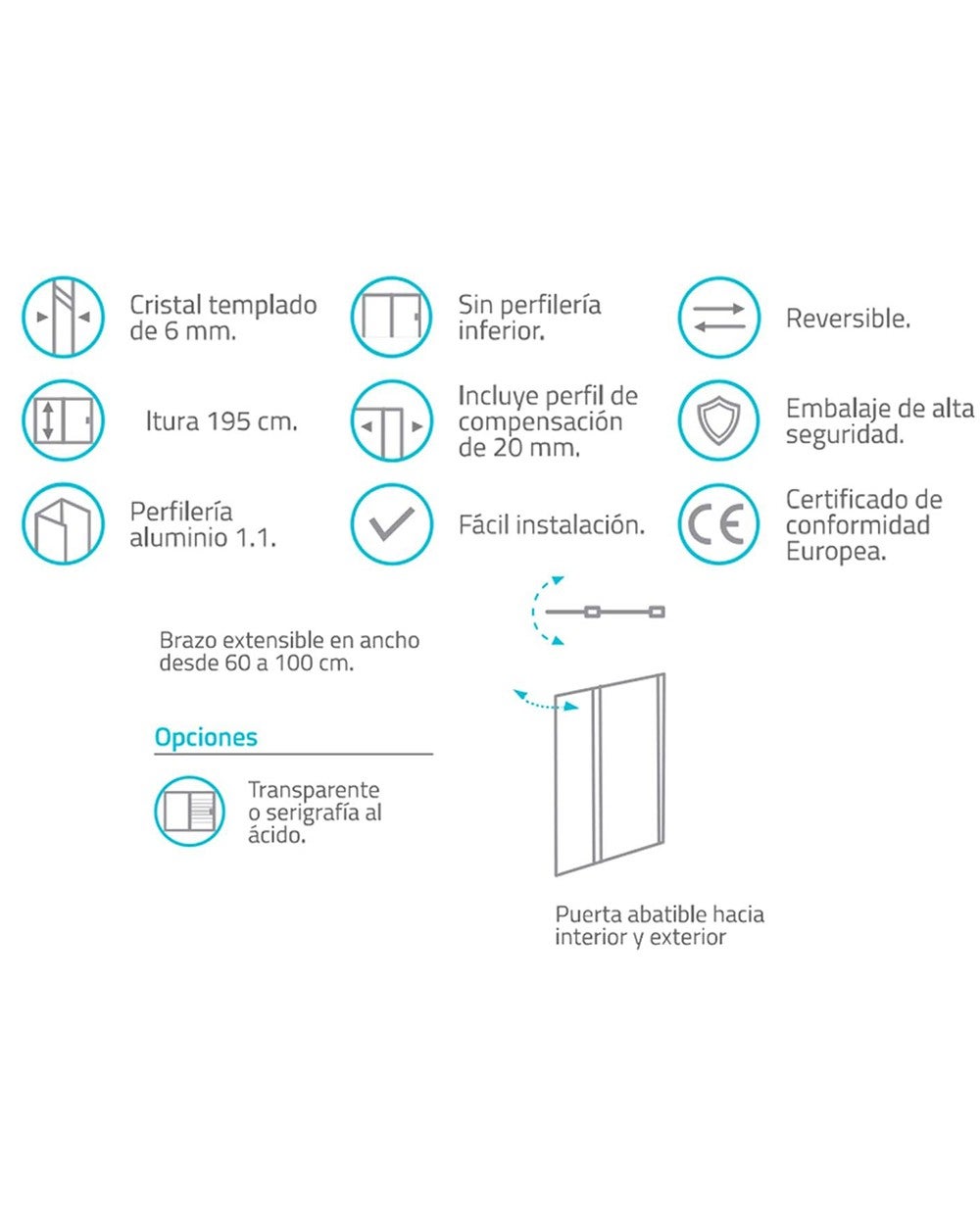 Pannello doccia fisso 1 porta + 1 fisso | Vetro trasparente da 6 mm | Altezza 195 cm | Profilo cromato lucido 115 cm (adattabile 109-114 cm) - 3