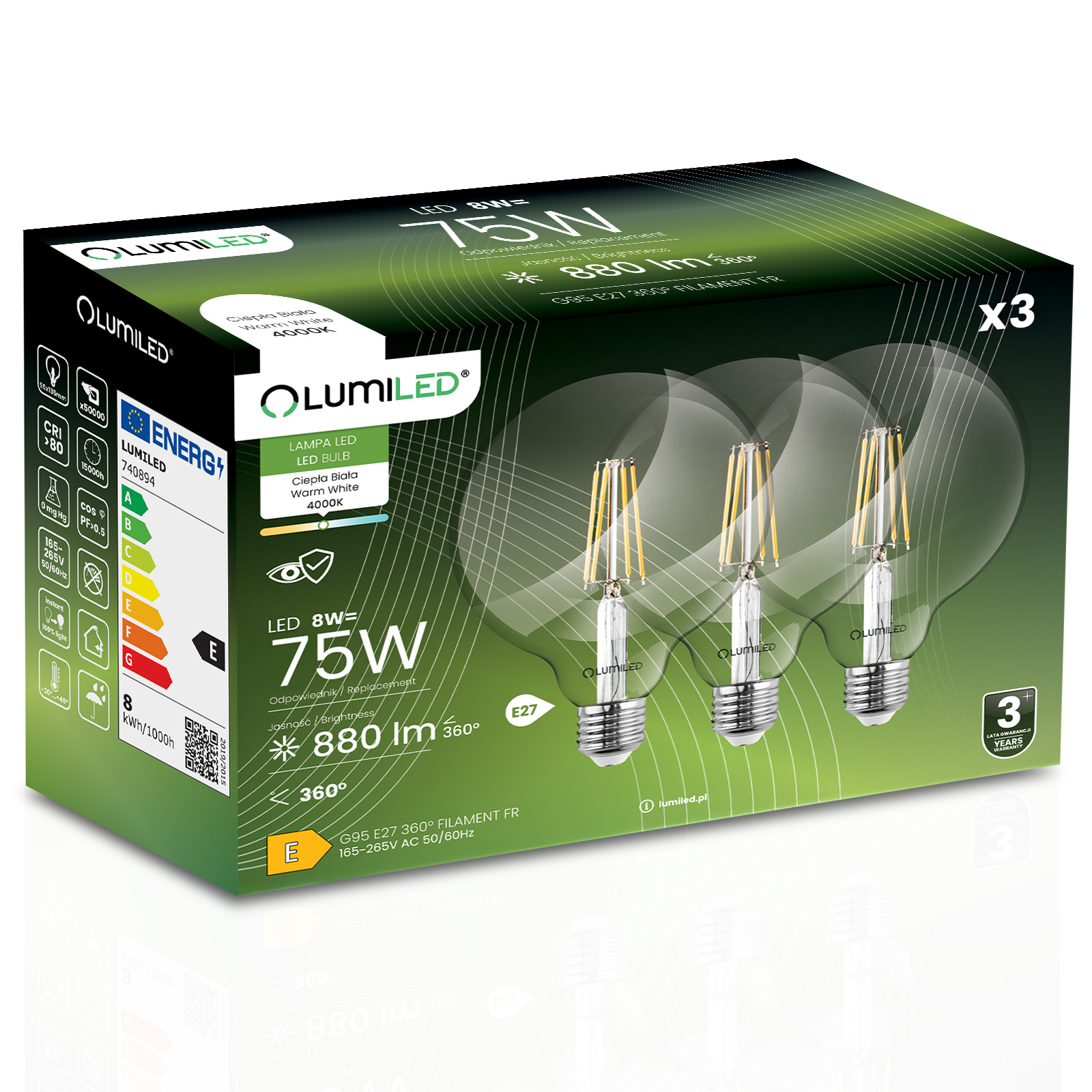 3x Żarówka Lumiled LED E27 Kula G95 8W = 75W 880lm 4000K Neutralna 360st Filament