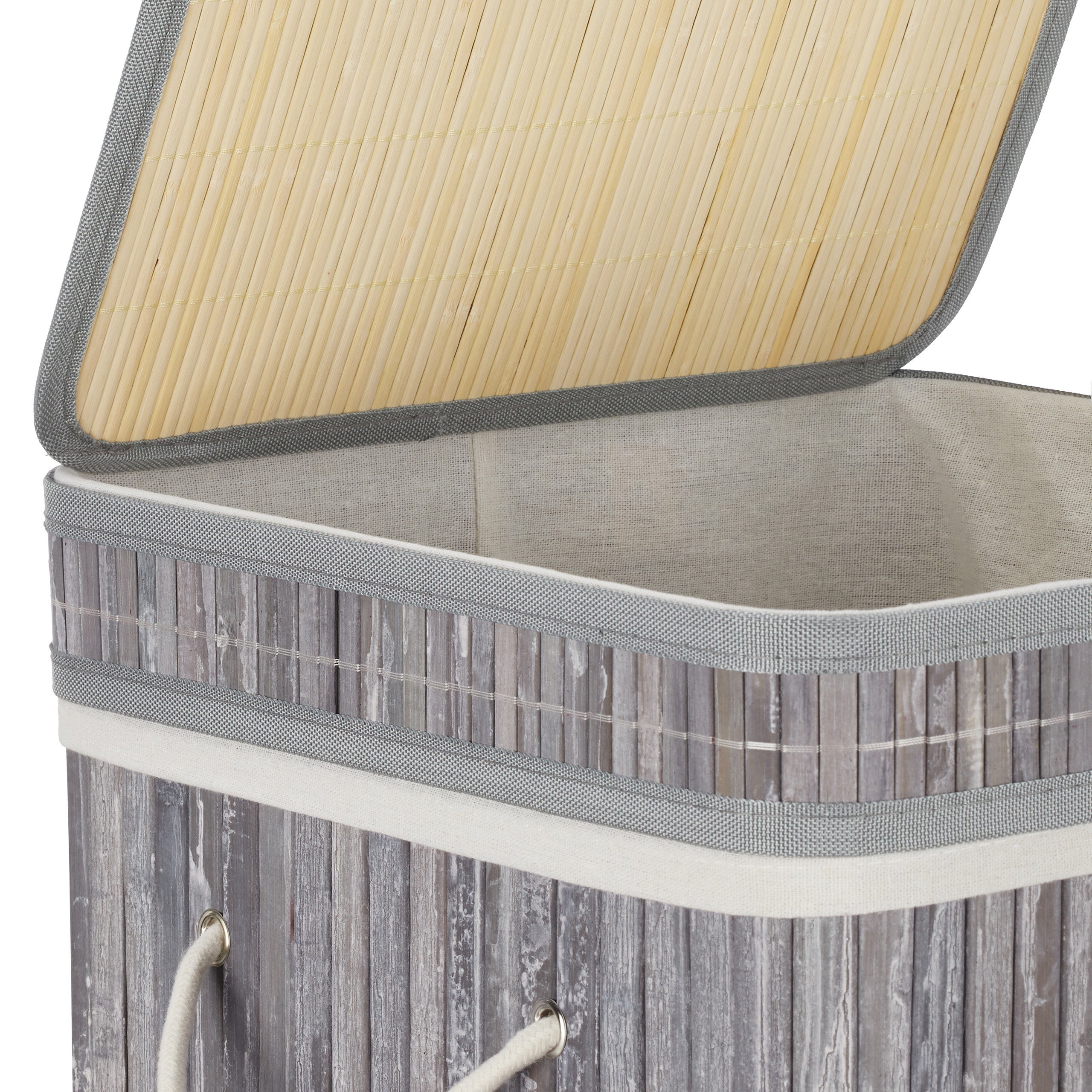 Corbeille à linge pliable, Bambou, avec anse, 70 litres, couvercle, HxlxP 63 x 36 x 36 cm, gris, Relaxdays - 7
