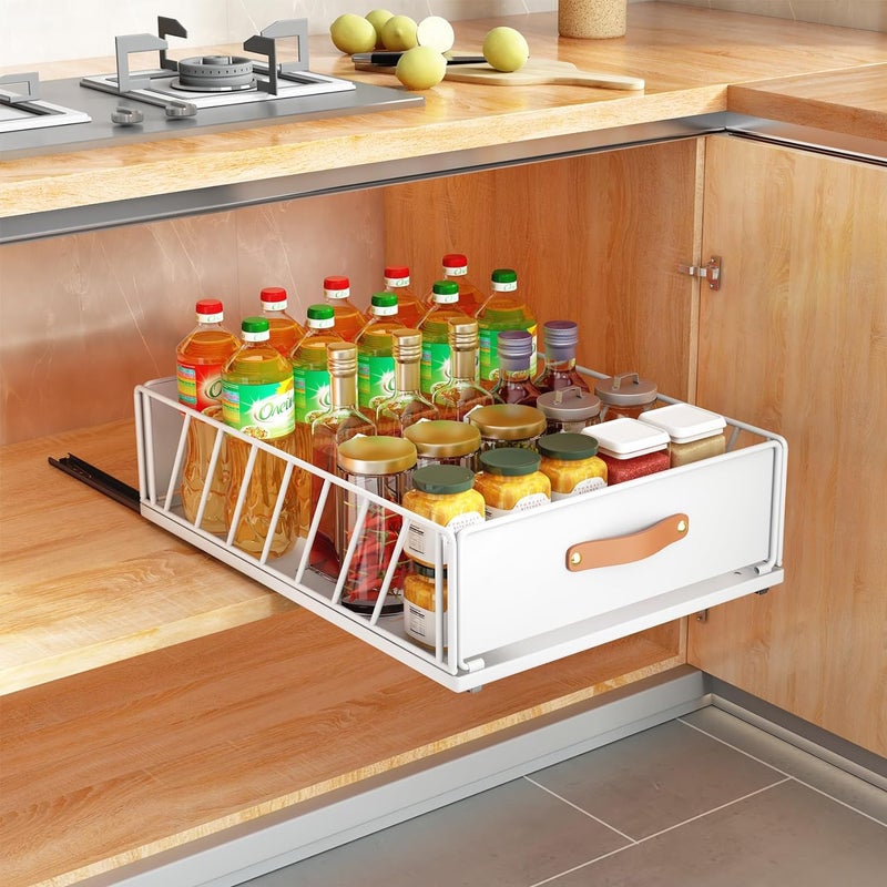 Przesuwne szuflady kuchenne, organizery do szafek przesuwnych, kosze siatkowe z uchwytami, 30 cm, białe