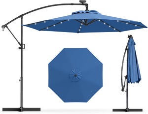 Parasol Déporté 3M avec 32 LED Solaires, Parasol de Jardin 8 Baleines avec Tissu Protection Solaire, Parasol Inclinable Rotatif à 360° (Bleu)