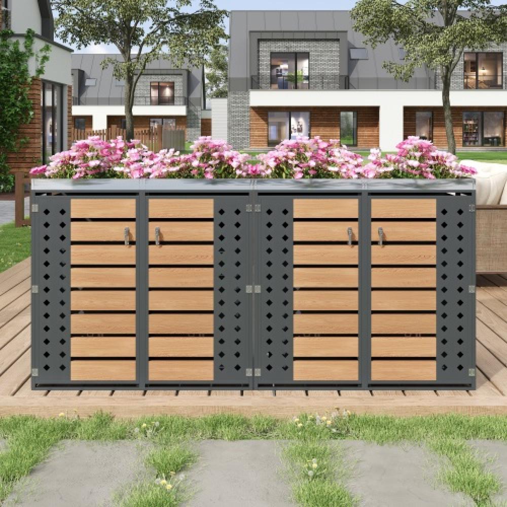 Contenedor con techo vegetal – para 4 cubos (120-240l), armario y cubierta para basura.