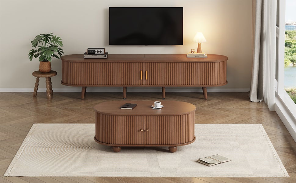 Ensemble Meuble TV + table basse - Portes coulissantes - 175 x 40 x 42 cm - MDF - Noyer - 7