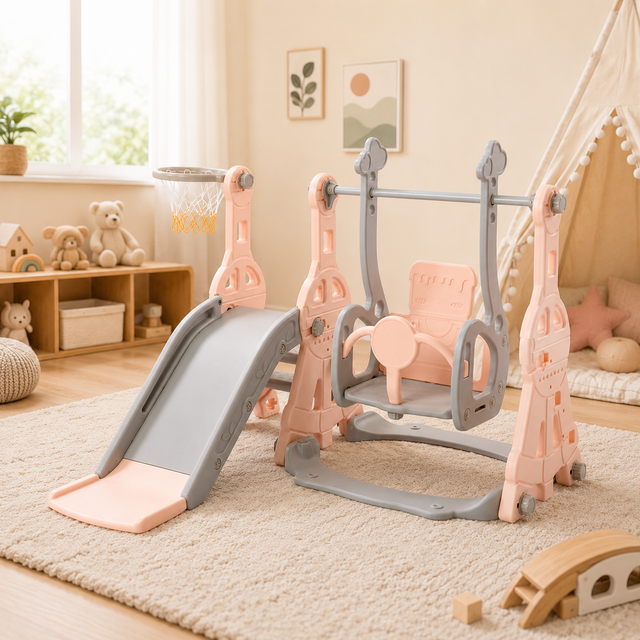 Toboggan pour Enfants 4 en 1,Toboggan Intérieure Enfant avec Balançoire,Panier de Basket et Échelle d'escalade,pour Enfants De 1 à 3 Ans(Rose)