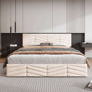 Lit Rembourré 140x200 Cm Avec Tête De Lit Capitonnée - Cadre Avec Rangement Sous 20 Cm - Support 365 Kg - Assemble Facile - Beige