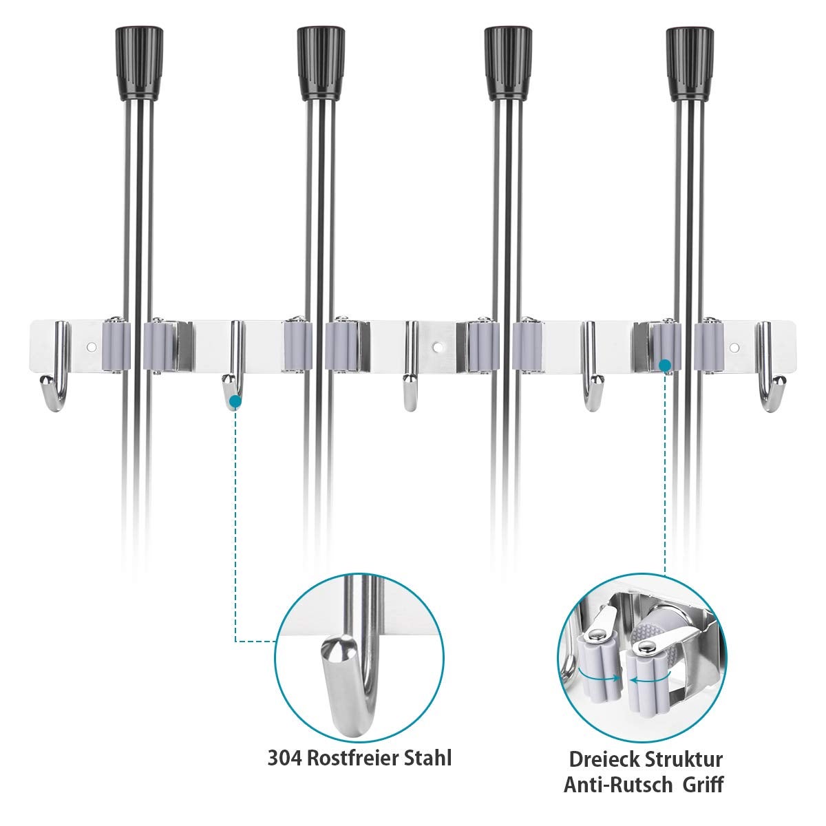 Porte Balai Mural en Acier Inoxydable Accroche Balai Mural avec 4 Emplacements et 5 Crochets pour Cuisine, Salle de Bain, Garage et Jardin, Gris - 2