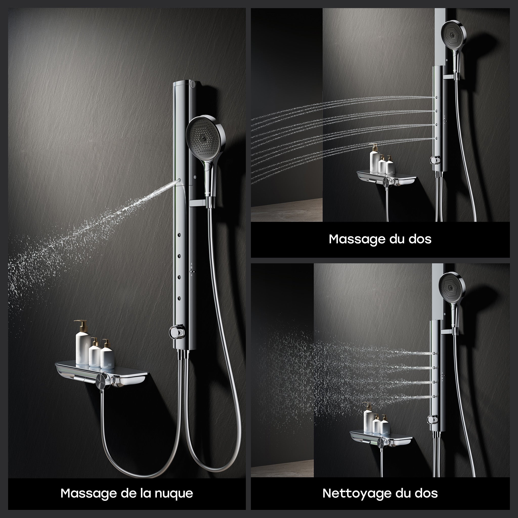 HOROW Système de douche avec thermostat, ensemble panneau de douche avec pommeau de douche pliable 4 fonctions de massage, réglable en hauteur - 4