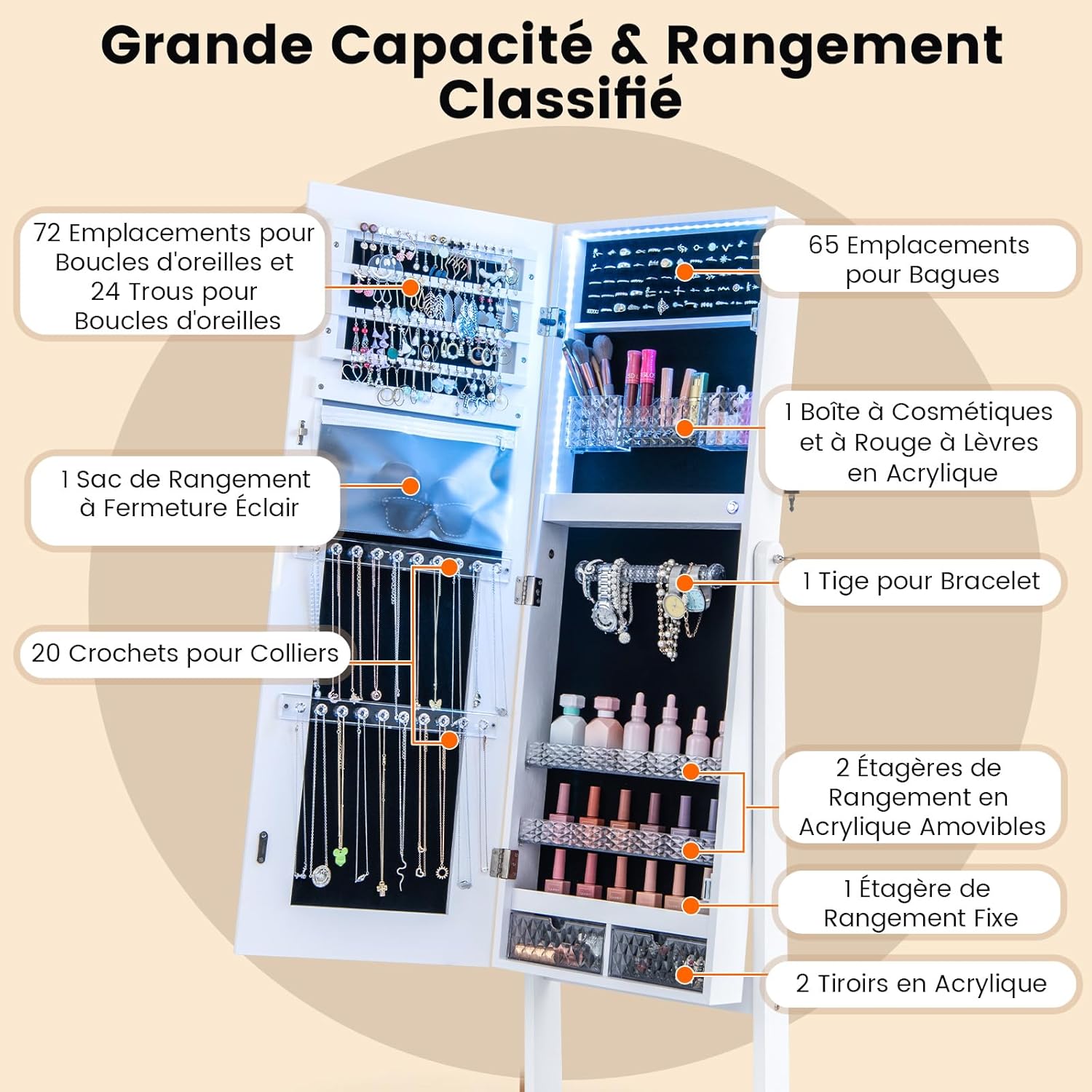 Armoire à Bijoux avec Miroir sur Pieds, Grand Miroir Psyché Sans Cadre avec Éclairage LED 3 Couleurs, avec 3 Angles Ajustables (Blanc) - 6