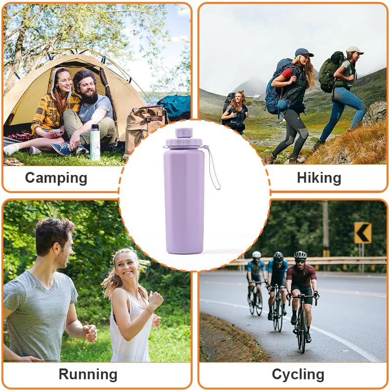 Gourde pliable 600 ml, en silicone, légère et étanche, idéale pour le camping, la randonnée, le vélo et les activités de plein air. violet. - 7