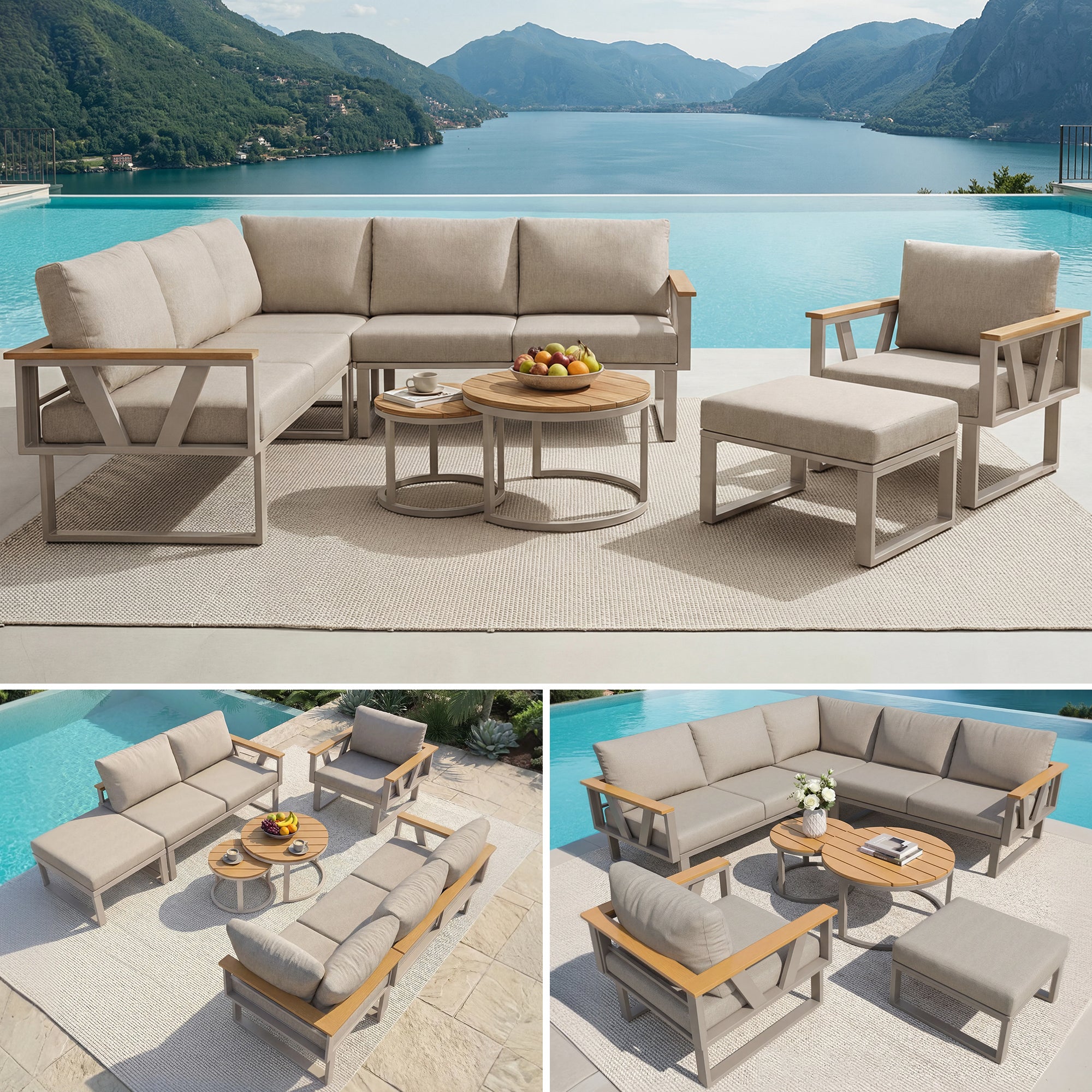 Salon de jardin - 6-7 places - en fer galvanisé - canapé d'angle - avec table basse gigogne - en bois plastique - fauteuil - repose-pieds, Beige - 5