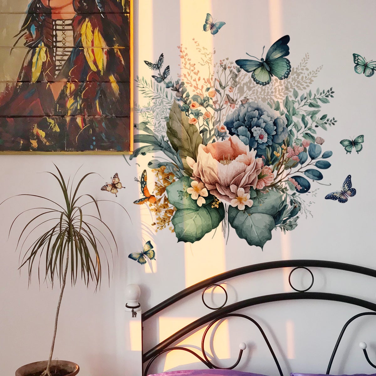 Magnifiques autocollants muraux amovibles en vinyle pour salon, chambre à coucher, chambre d'enfant, pivoine, rose, papillon, vert foncé - 2