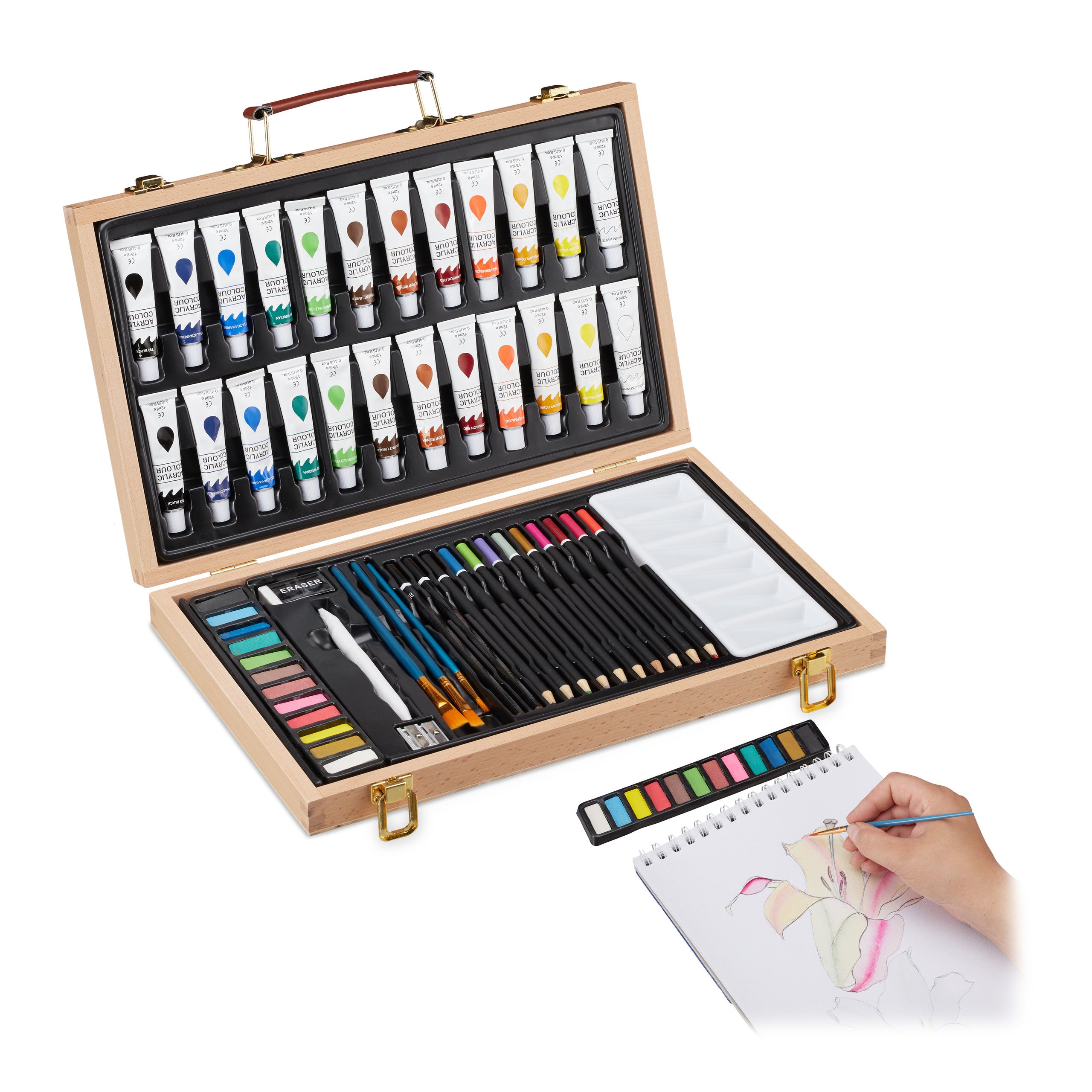 Coffret Peinture Relaxdays 45 Pièces En Bois - Set Dessin Complet Avec Aquarelles Et Crayons Pour Adultes