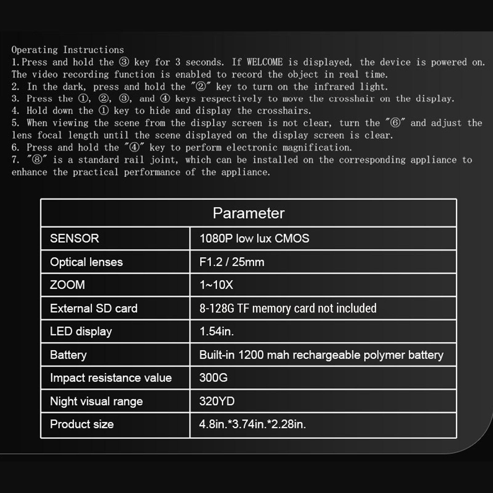 Monoculaire numérique de vision nocturne 1080P, zoom digital 1-10X, infrarouge jour et nuit, réticule intégré, étanchéité IP68 - 9
