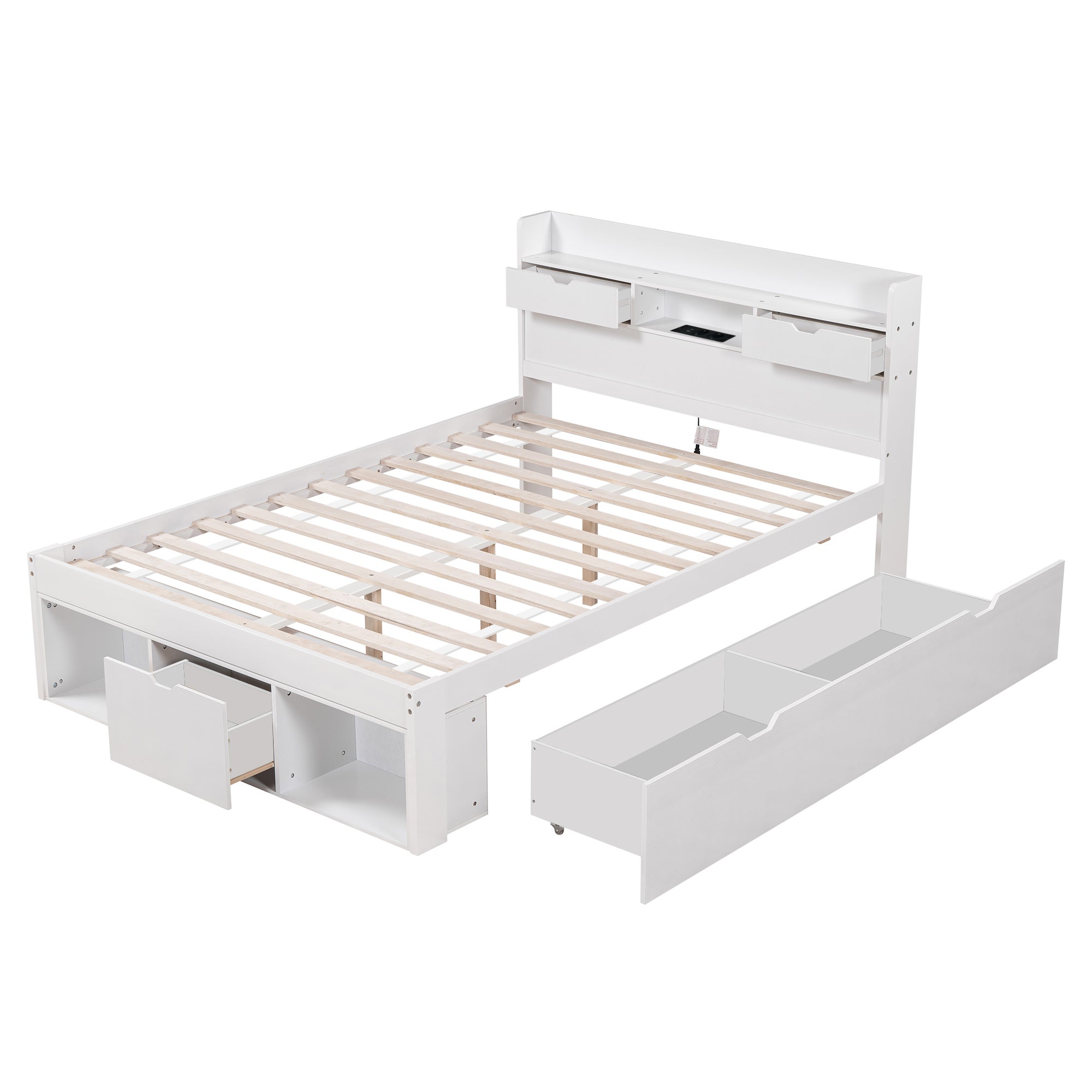 Lit double 160x200 cm avec rangements intégrés, tête de lit avec ports USB et tiroirs, structure en pin blanc, sans matelas - 8