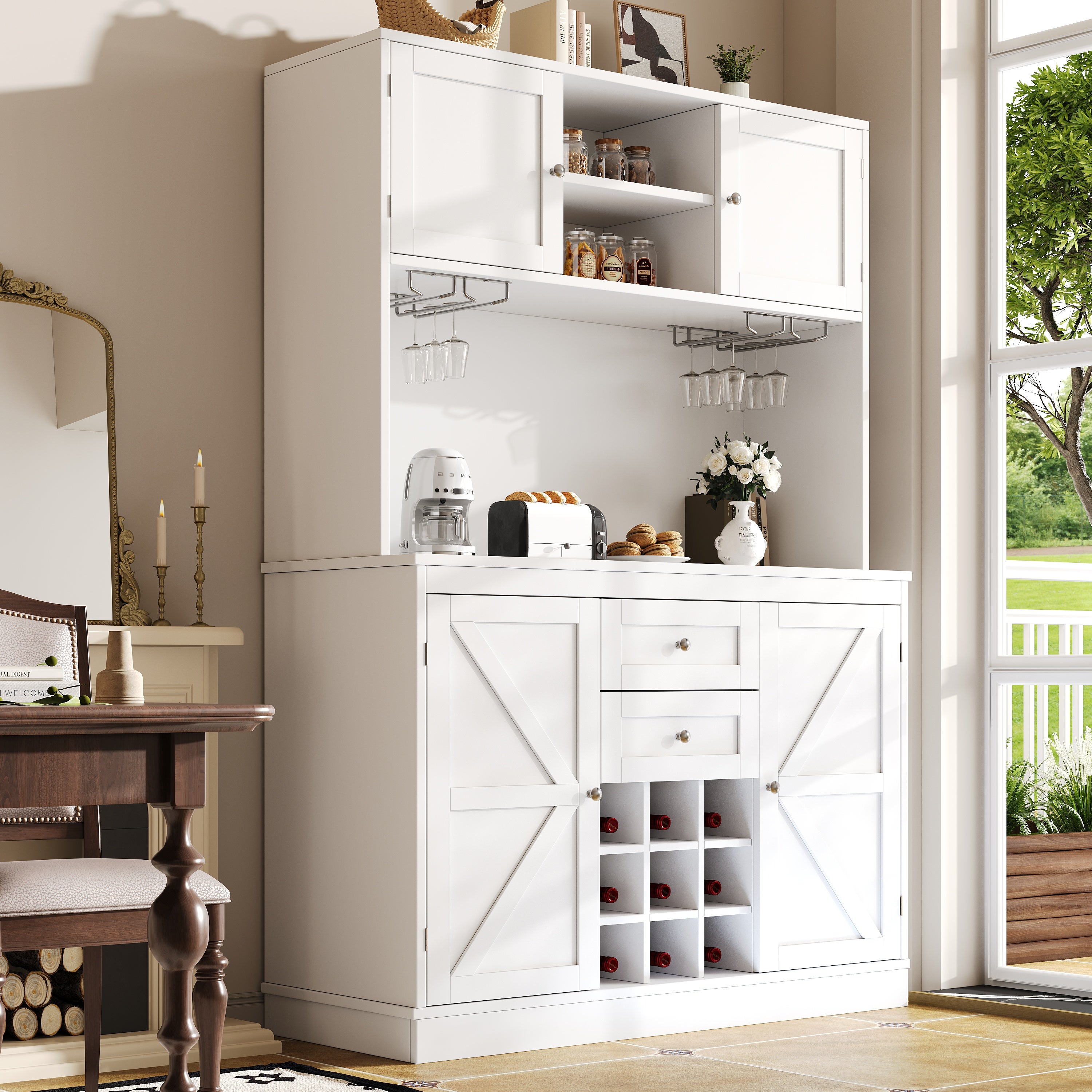 Chariot De Cuisine Shabby Chic – Style Buffet, Porte-Bouteilles Et Porte-Vin – Bois Blanc