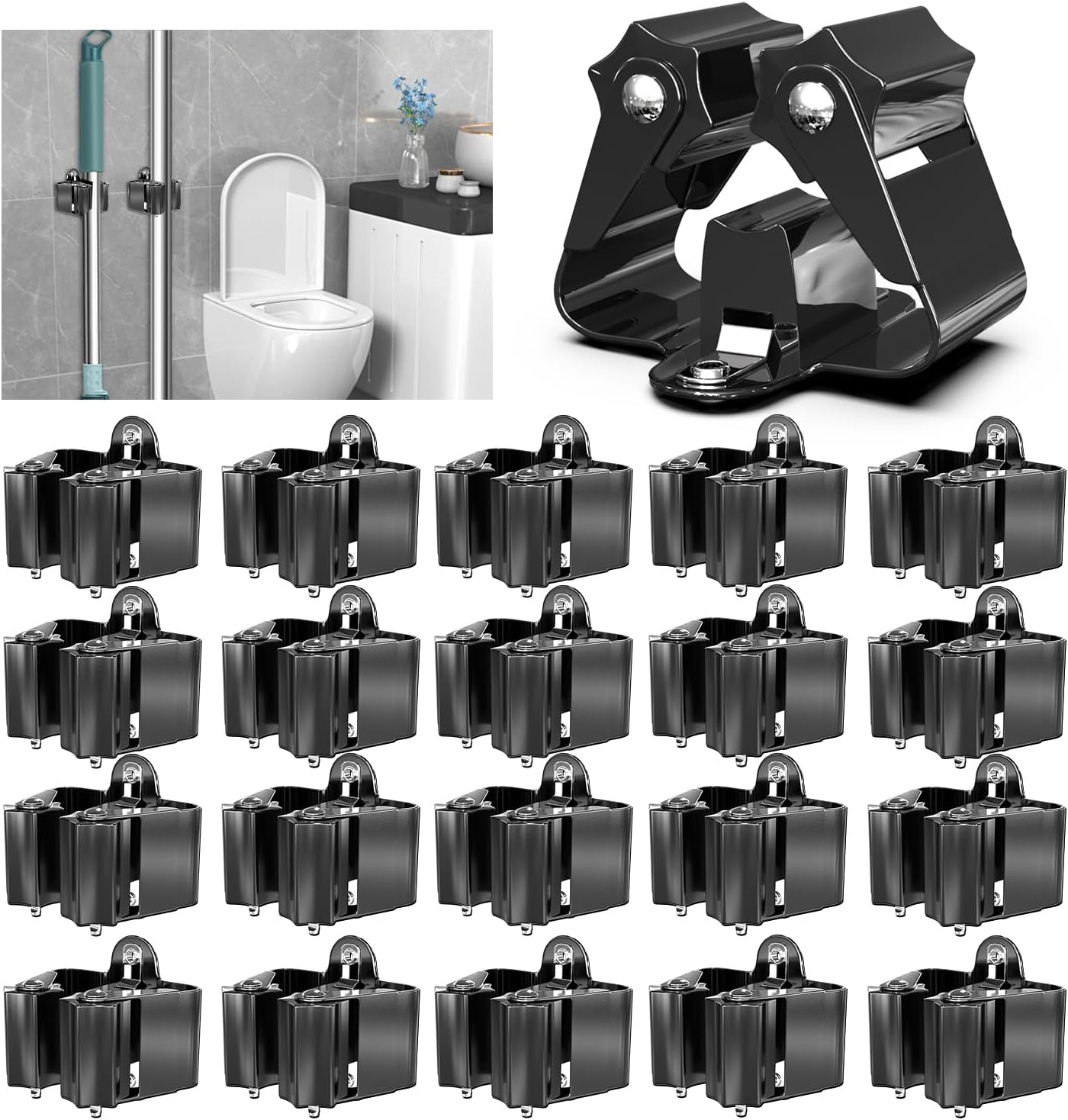 Porta scopa da parete, organizer per scopa da bagno, senza foratura, 2