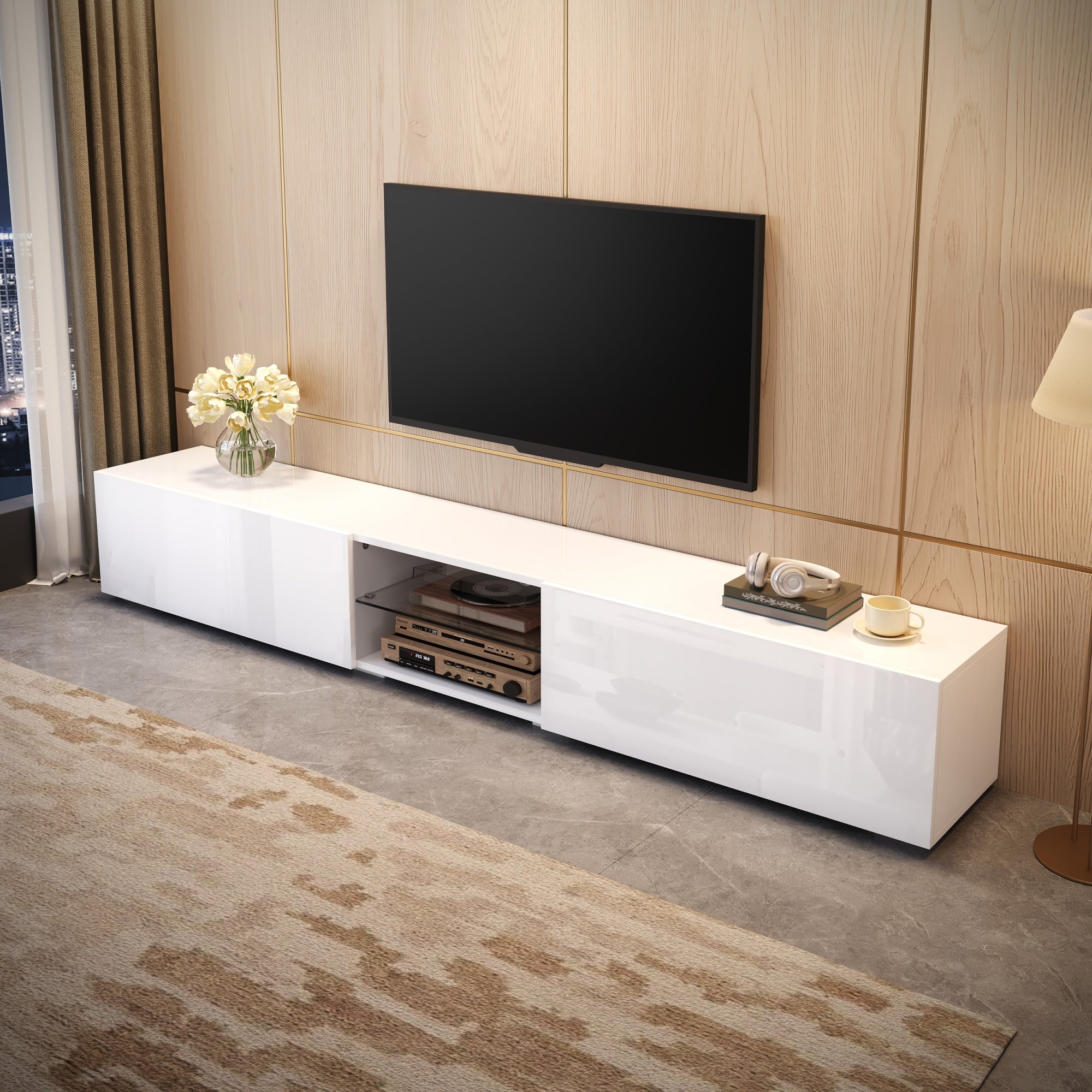 Szafka RTV 200 cm z 2 lakierowanymi drzwiami, oświetleniem LED i szklaną półką - Płyta wiórowa + MDF - 200 x 30 x 30 cm - Biała - 6