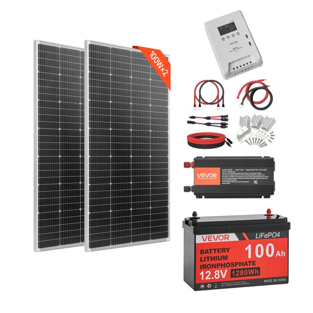 Kit Solaire Complet Hors Réseau VEVOR 400 W 12 V 2 Panneaux Solaires Monocristallins 200 W, Batterie LiFePO₄ 12,8 V 100 Ah