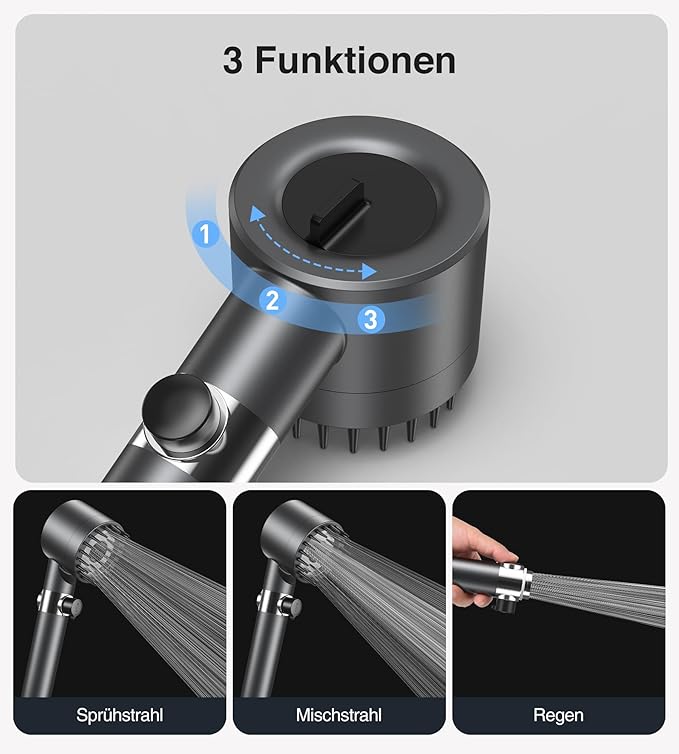 Cabezal de ducha con filtro, 3 tipos de chorro, cabezal de ducha con función de parada, cabezal de ducha de alta presión - 2