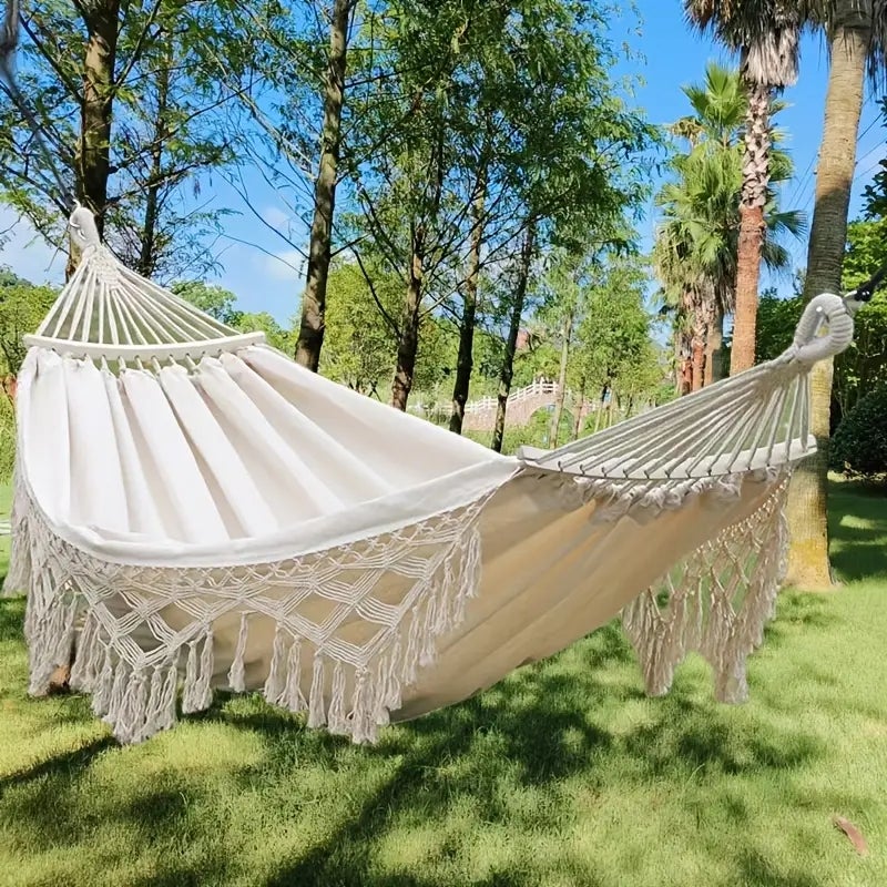 Hamac Boho en macramé crème double taille, avec pompons élégants et tricot en queue de poisson, 485 lb, comprend des cordes à nouer - 4
