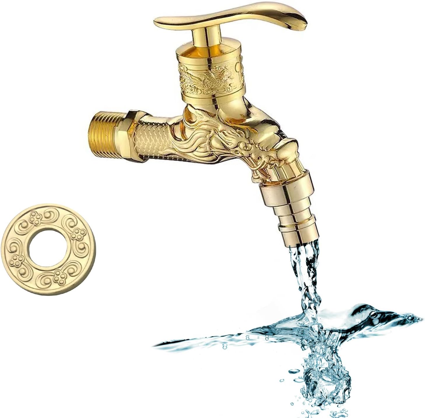 x Złoty rzeźbiony kran smoka (4 x 4 cale), mosiężny, montowany na ścianie, odpowiedni do użytku na zewnątrz, w ogrodzie, łazience i kuchni