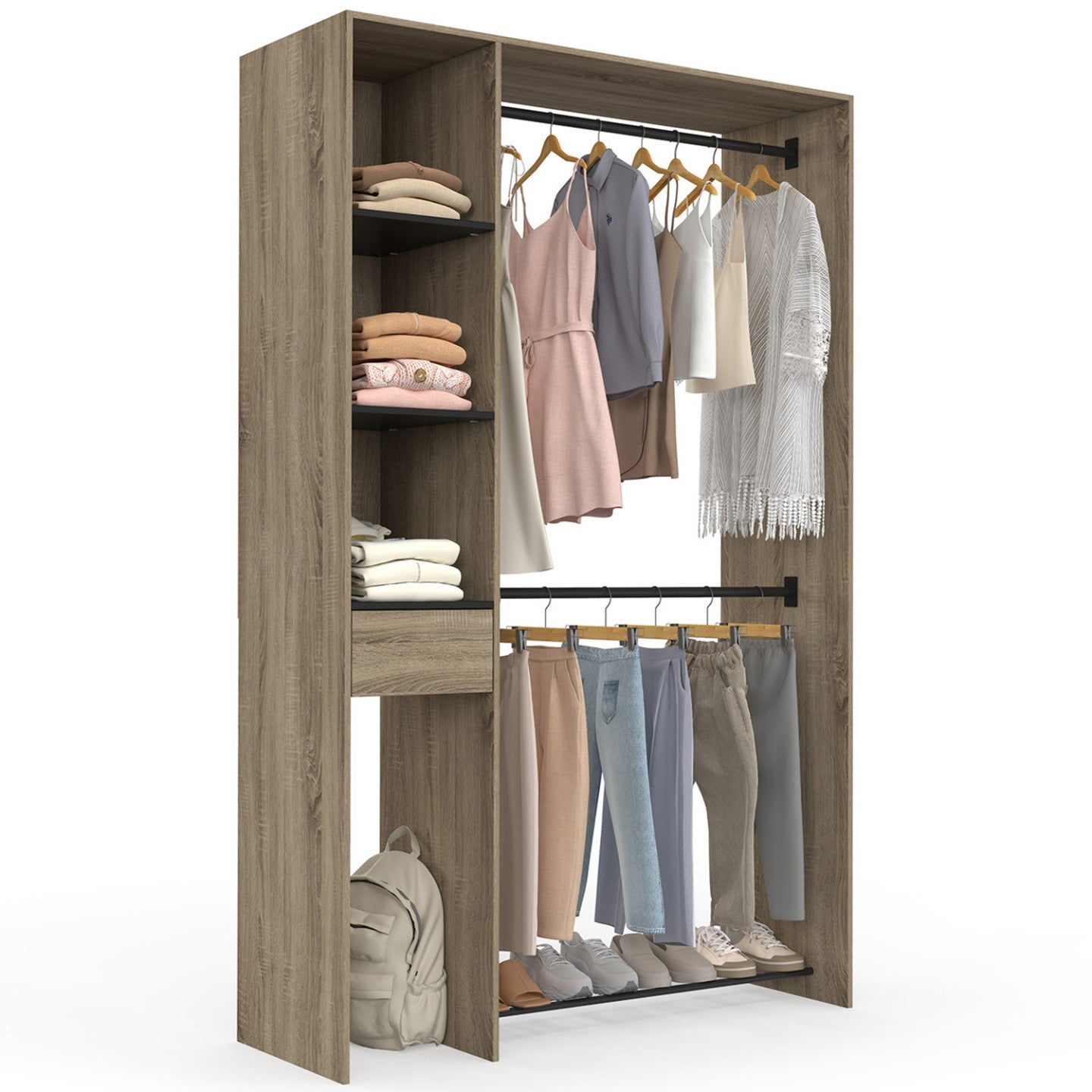 Dressing double penderie L. 110 cm MIRTY avec étagères + tiroir + rangements à chaussures hêtre et noir - 2