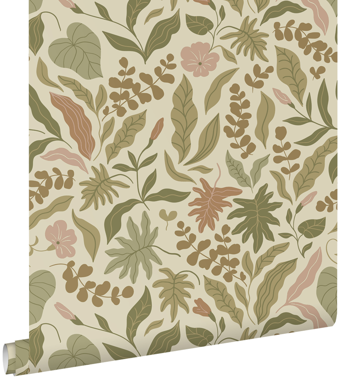 Papel pintado hojas y flores verde oliva agrisado, rojo barro cocido y rosa - 50 x 900 cm - estahome