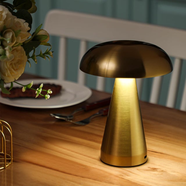 Lampe de table champignon sans fil, lampe de table tactile en métal, lumière tricolore, luminosité réglable en continu, adaptée aux restaurants (doré)