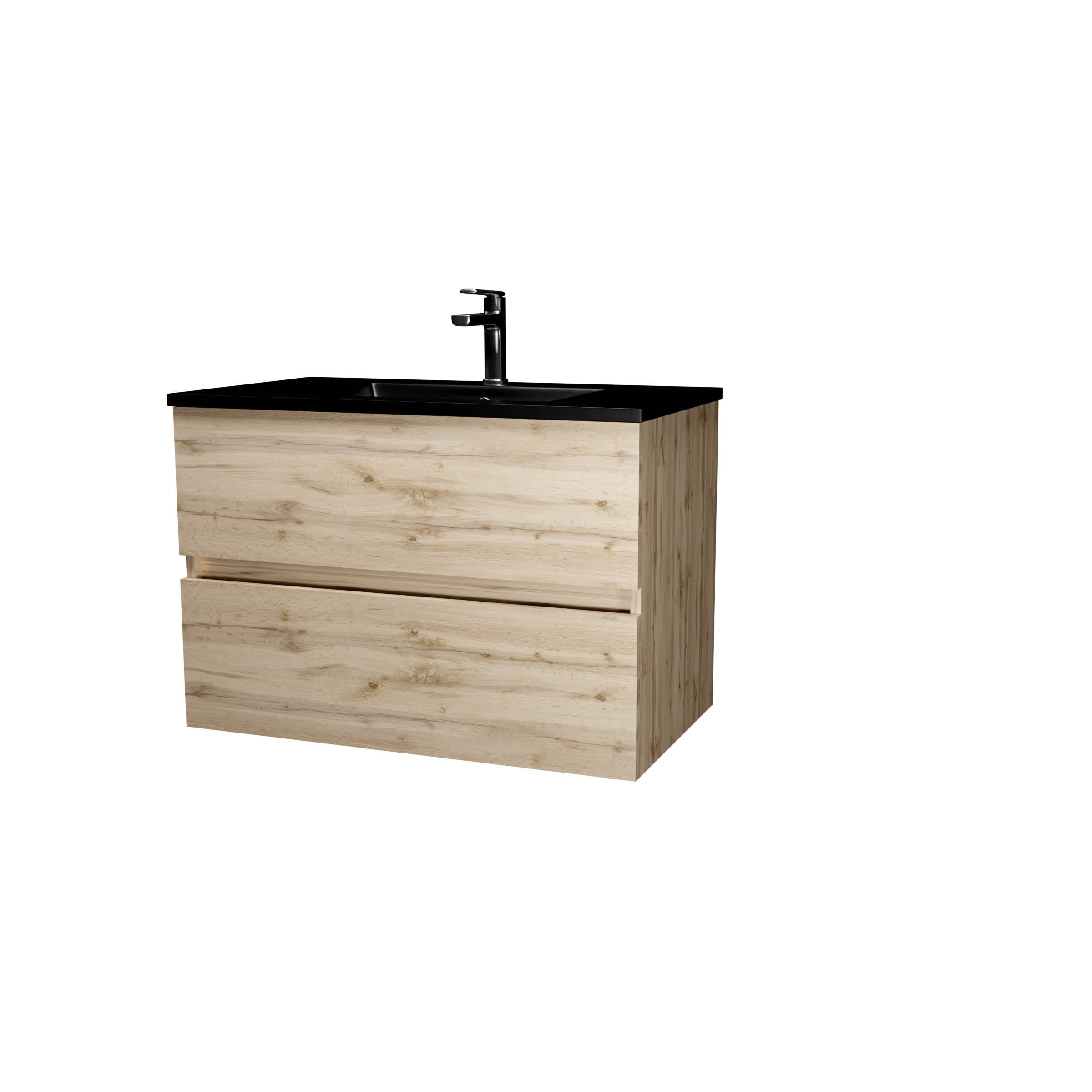 Meuble de salle de bains 80 cm 2 Tiroirs Chêne Naturel + Vasque Céramique Noire - TIMBER - 3