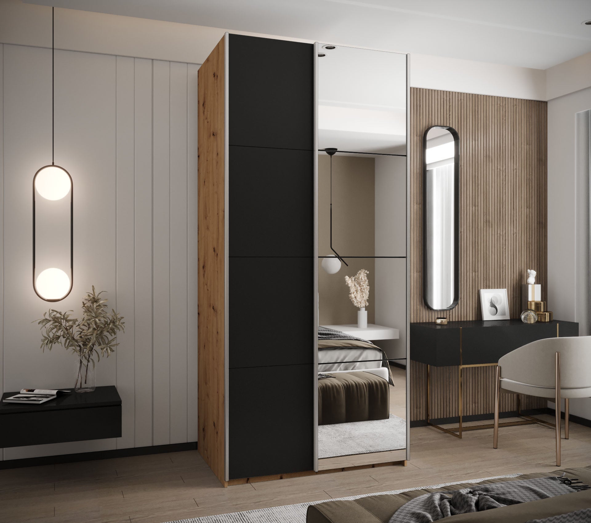 Szafa przesuwna wysoka Lux 3 100 x 64 x 245,5 cm artisan + czarny + u. srebrny - Abiks Meble - 2
