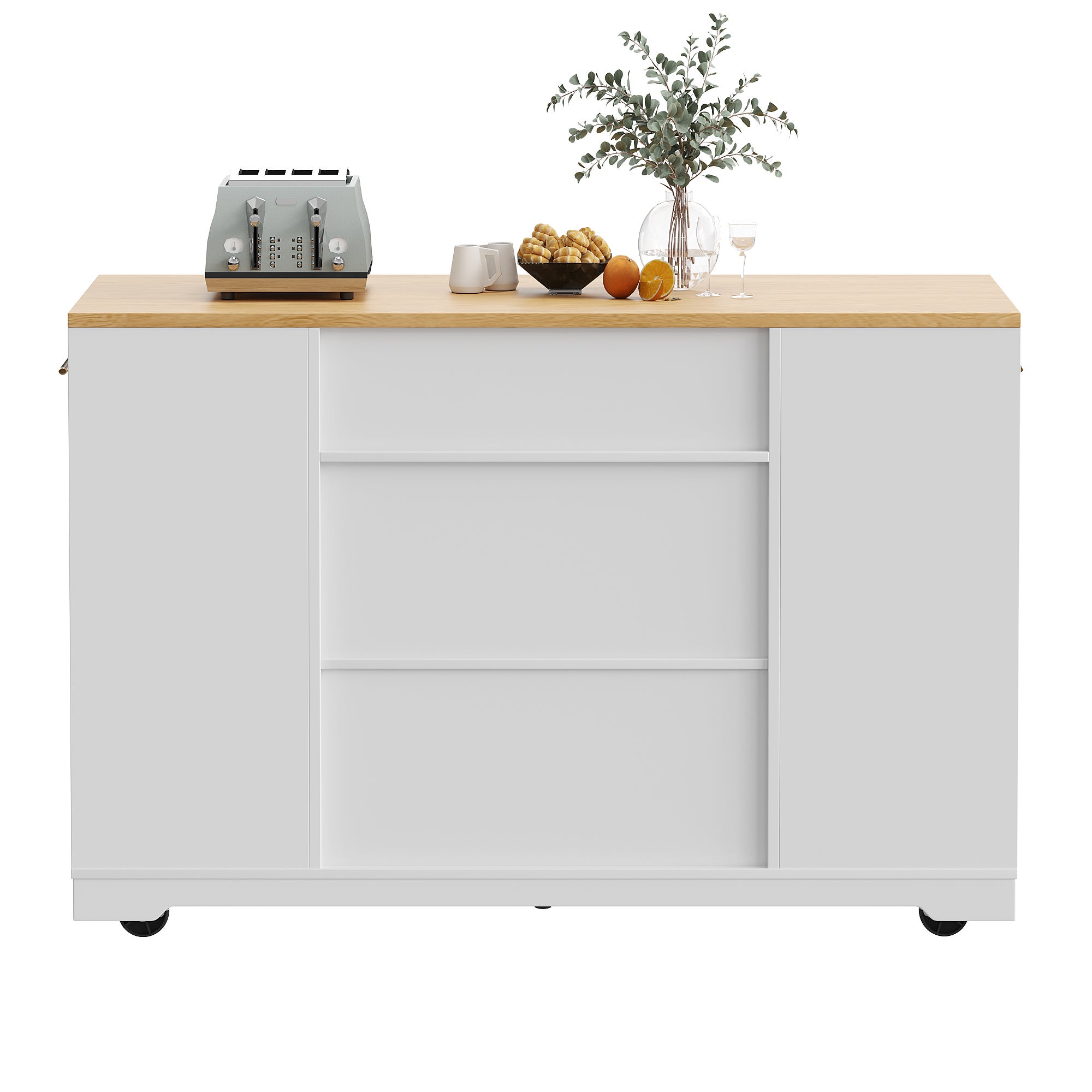 Îlot central de cuisine mobile avec 2 portes, 3 tiroirs et compartiment poubelle - 120 x 50 x 92 cm - MDF + Métal - Blanc - 8