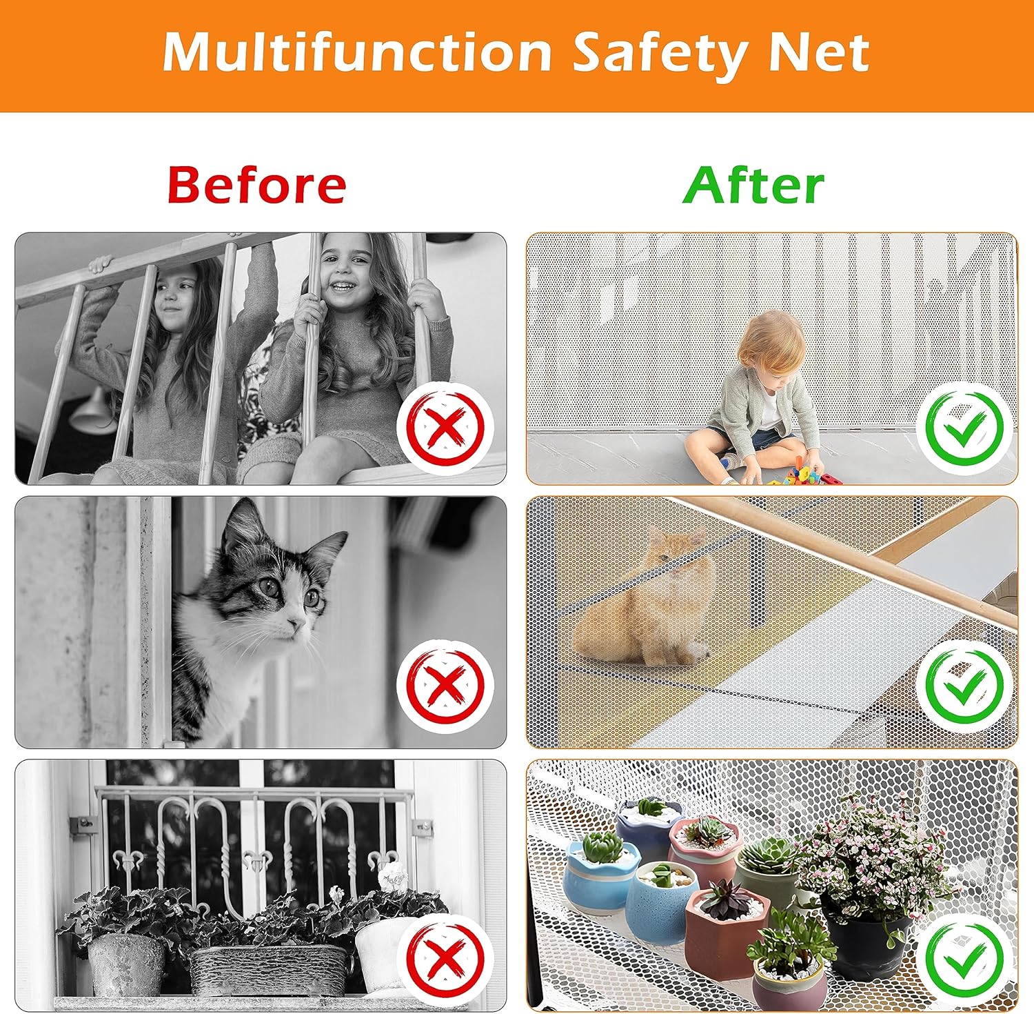 Red de seguridad para bebés, anticaídas, para escaleras, barandillas y vallas de balcones, resistente y ajustable, 3 x 0,9 metros. - 6