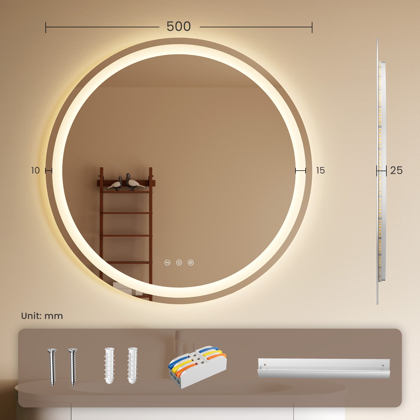 Miroir de salle de bain rond, Miroir art décor chambre, Miroir rond anti-buée avec éclairage, Miroir étanche, Diamèter Φ: 50 cm - 9