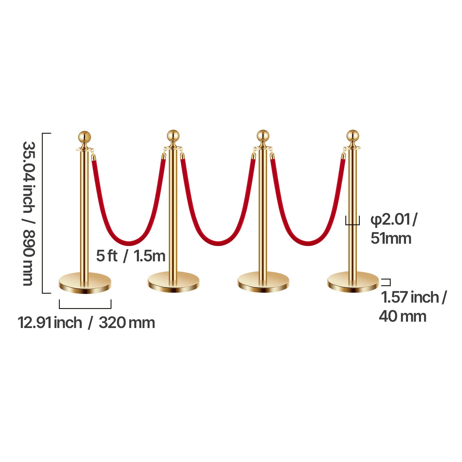 Pali barriera dorati SucceBuy in acciaio inox, set da 4 con 3 corde in velluto rosso, base cava, per eventi e feste, 110V 500W - 2