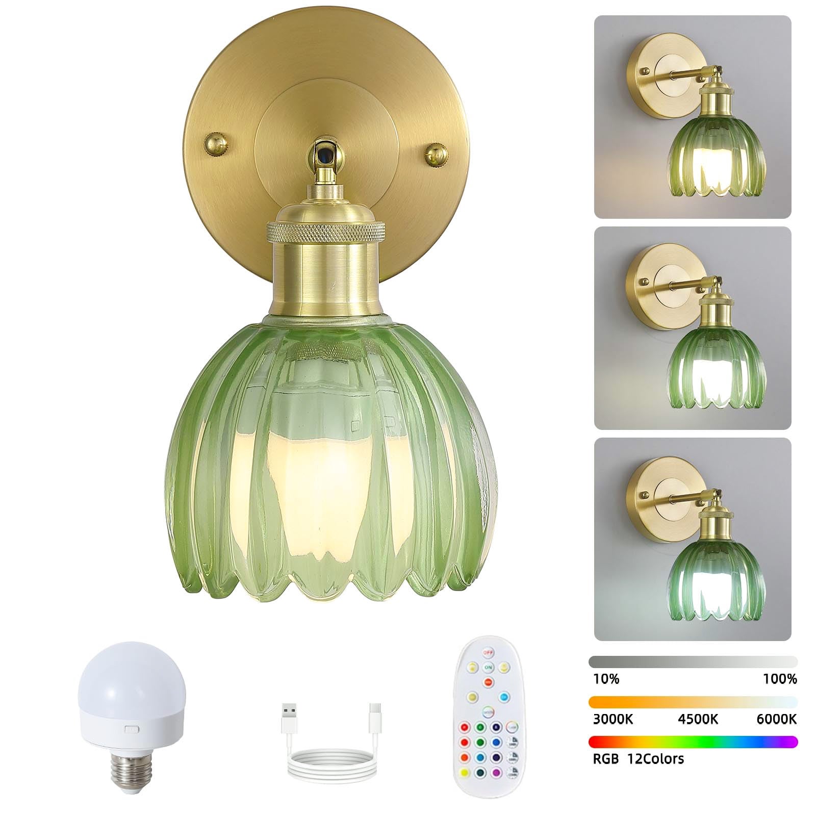 Bezprzewodowa lampa ścienna LED z pilotem zdalnego sterowania, ładowalna lampka nocna o zmiennej intensywności kolorów RGB z żarówką