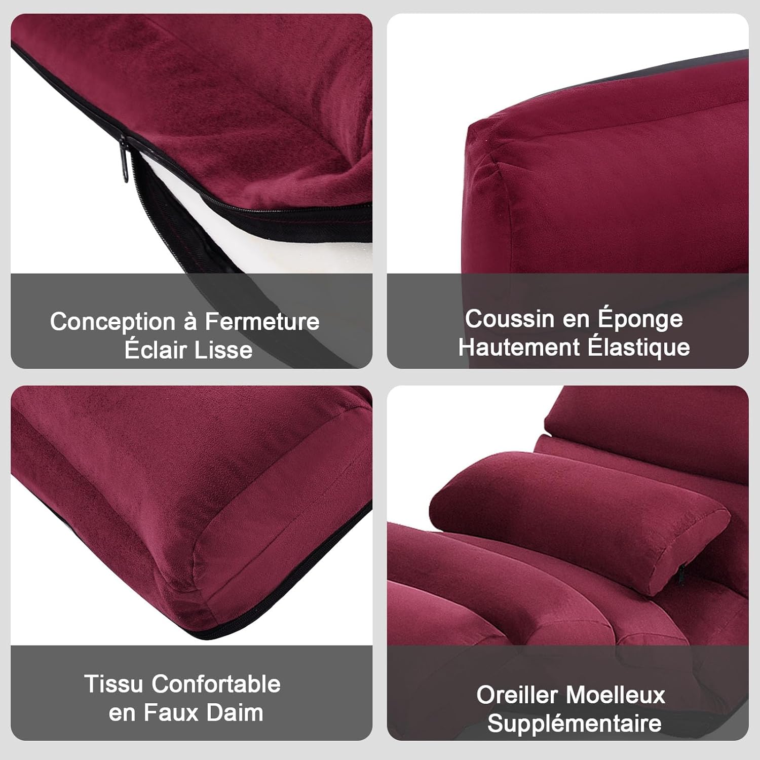 Fauteuil de Sol avec Dossier Inclinable Réglable sur 5 Niveaux,avec Cadre en Fer et Coussin Chaise, pour Salon/Chambre 175x55x20CM (Rouge) - 6