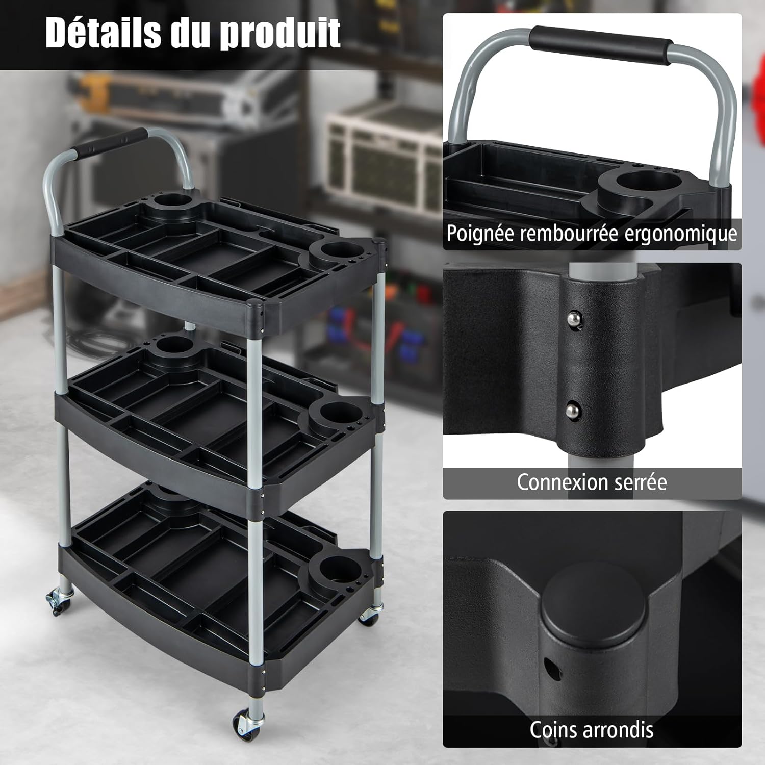 Chariot De Spa Pour Bain De Pieds - 2 Niveaux, 4 Roues Avec Freins, Support Jusqu'à 18 Kg (Noir)
