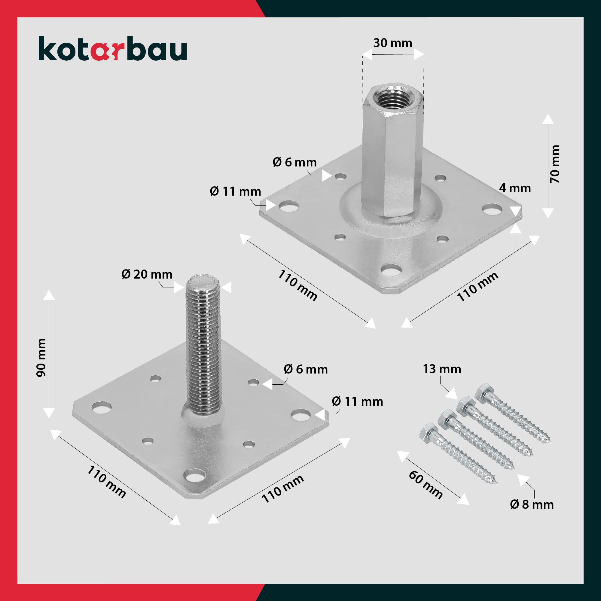Lot de 4 Supports de Poteau Galvanisé - 110 x 110 mm - Hauteur réglable de 90 à 150 mm - À Visser - KOTARBAU - 5