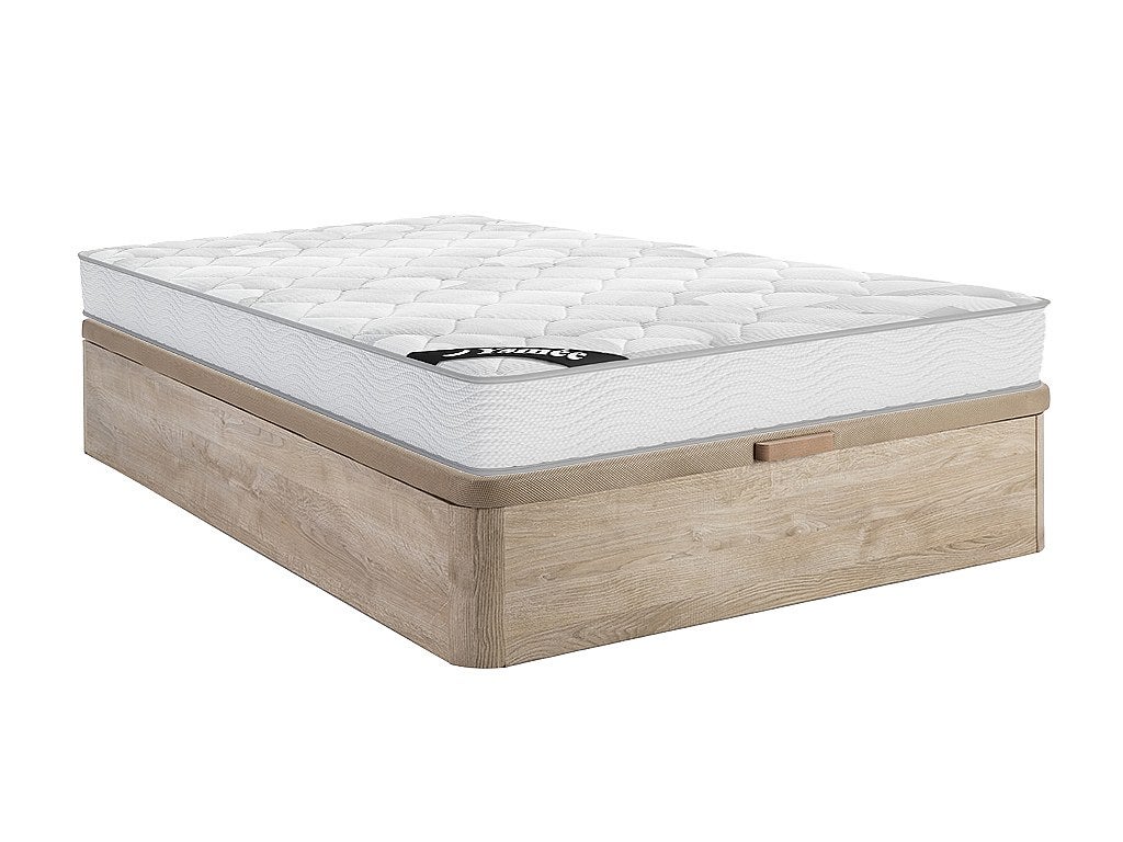 Zestaw 140 x 190 cm stelaż ze skrzynią naturalny jasny + materac o grub. 20 cm ze sprężynami kieszeniowymi - SONGE marki YSMÉE