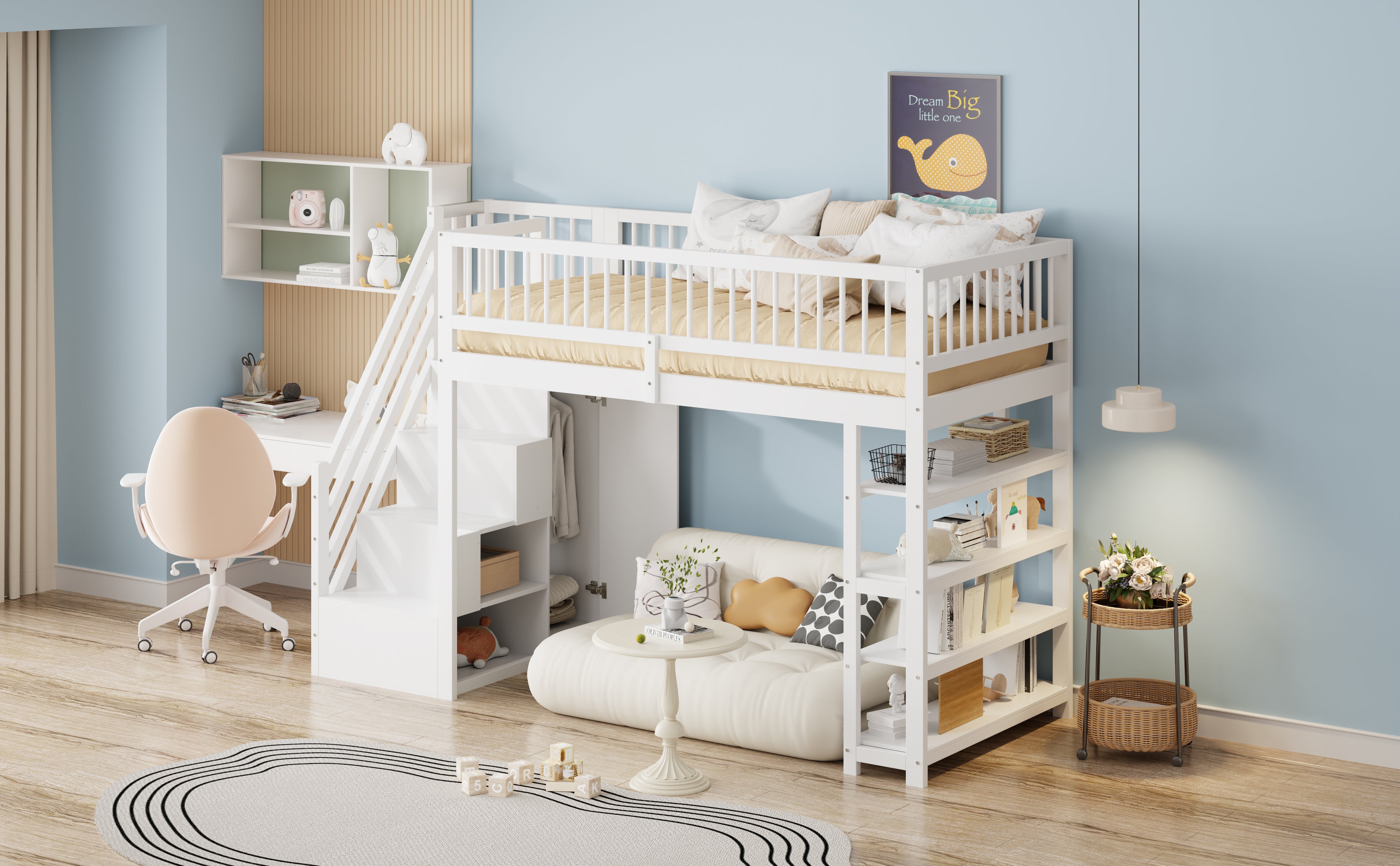 Lit mezzanine 90 x 200 cm, haute barrière de sécurité, avec penderie, étagères et rangement avec échelle de sécurité, lit multifonction, blanc - 8
