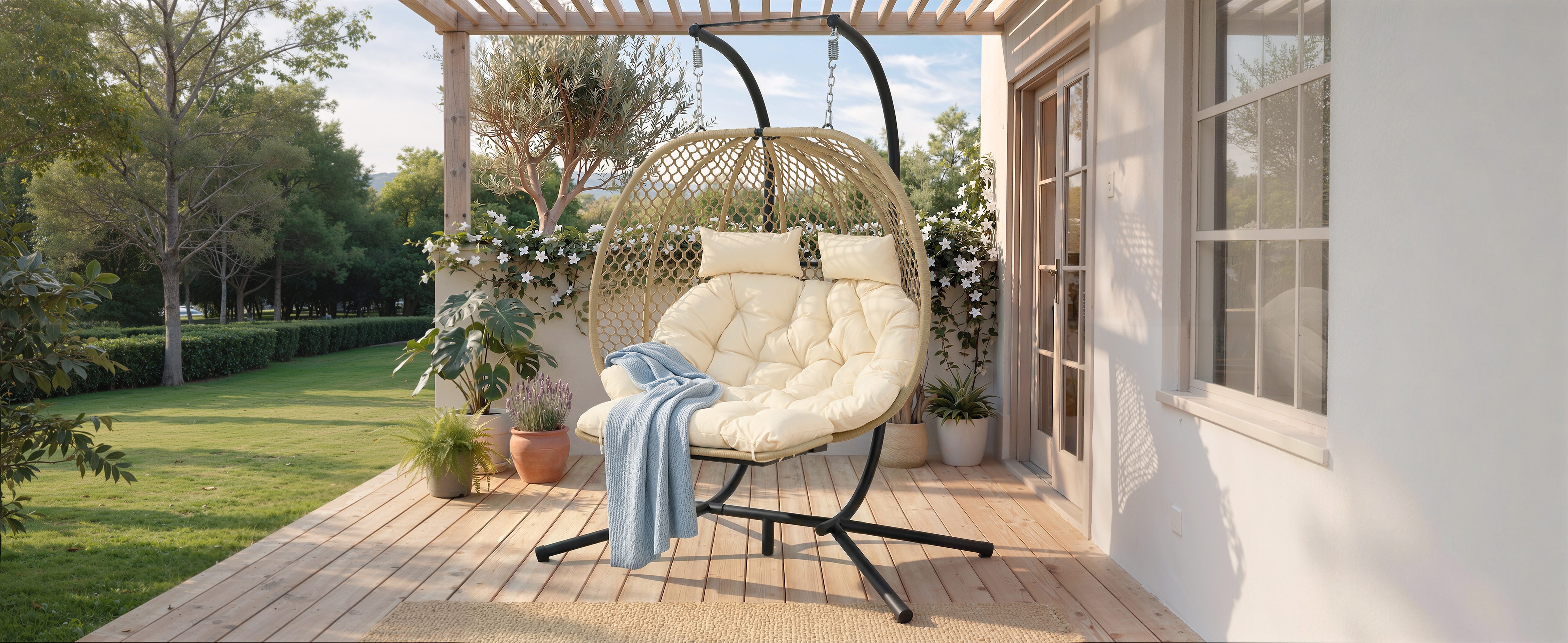 Fauteuil Oeuf Suspendu Double avec Support - Balancelle de Jardin avec Repose-pieds Réglable, Coussin Épais et Appuie-têtes - Beige - 5
