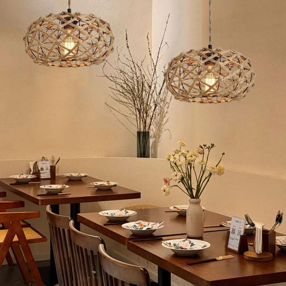 COMELY Suspension Rotin Bohème E27, Luminaire Suspension Rotin Tressé Hauteur Réglable, Lampe Suspension Naturelle pour Salon Chambre Salle à Manger - 4