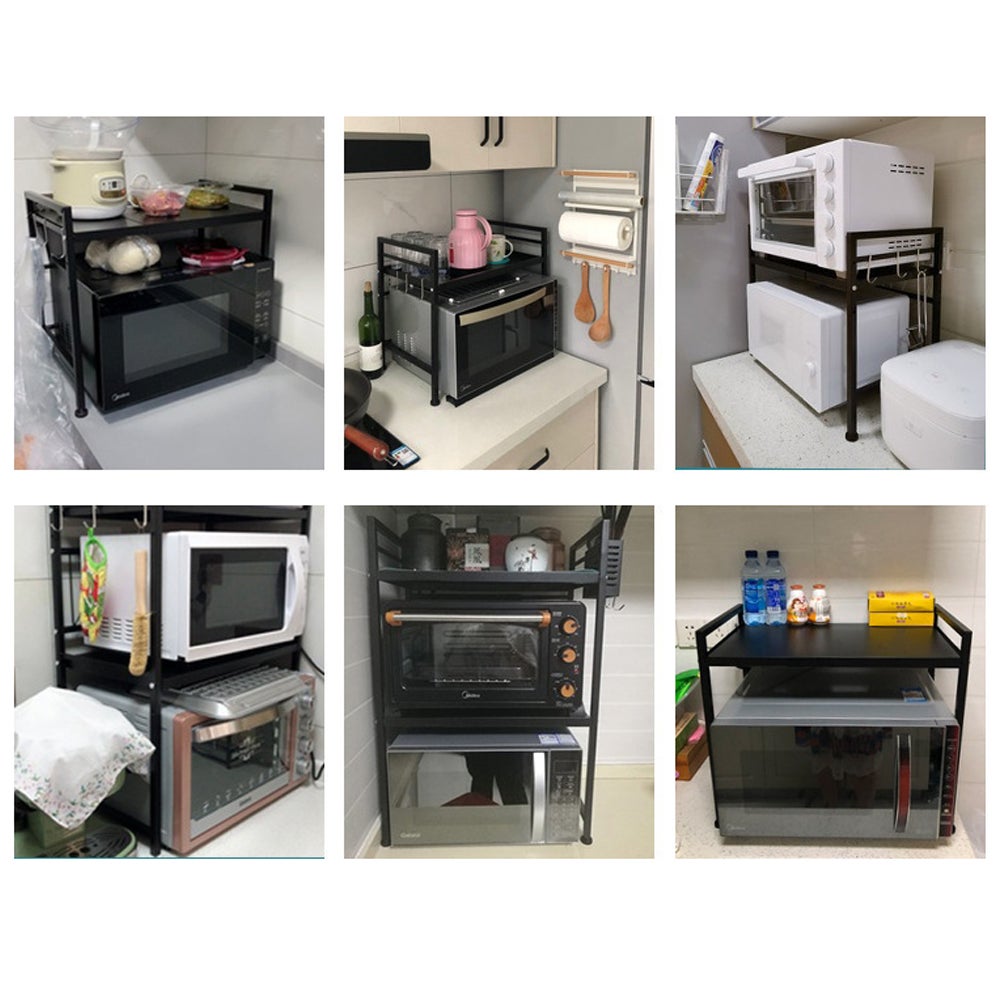 Meuble Rangement de Cuisine Support Four Micro-Ondes Extensible en Hauteur & Largeur - Noir, Acier au Carbone, 2 Niveaux d'étagère, 6 Crochets - 12