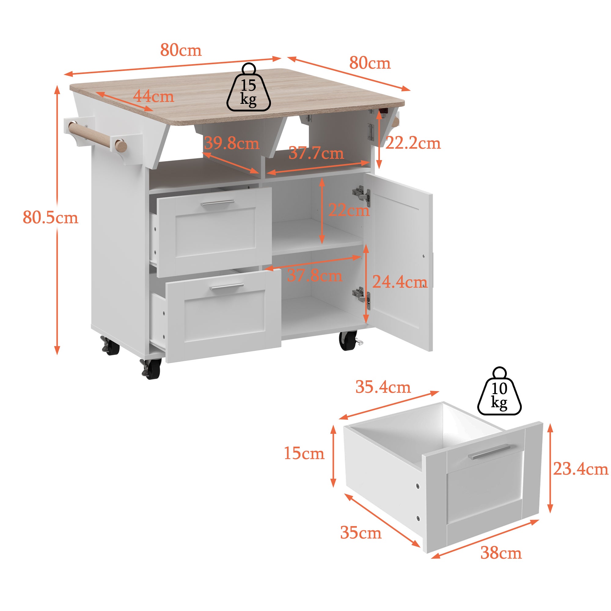 Îlot Central de Cuisine avec Plan de Travail Rabattable, 2 Tiroirs et Porte, Desserte de Cuisine à Roulette, 80x80x80.5, Blanc - 2