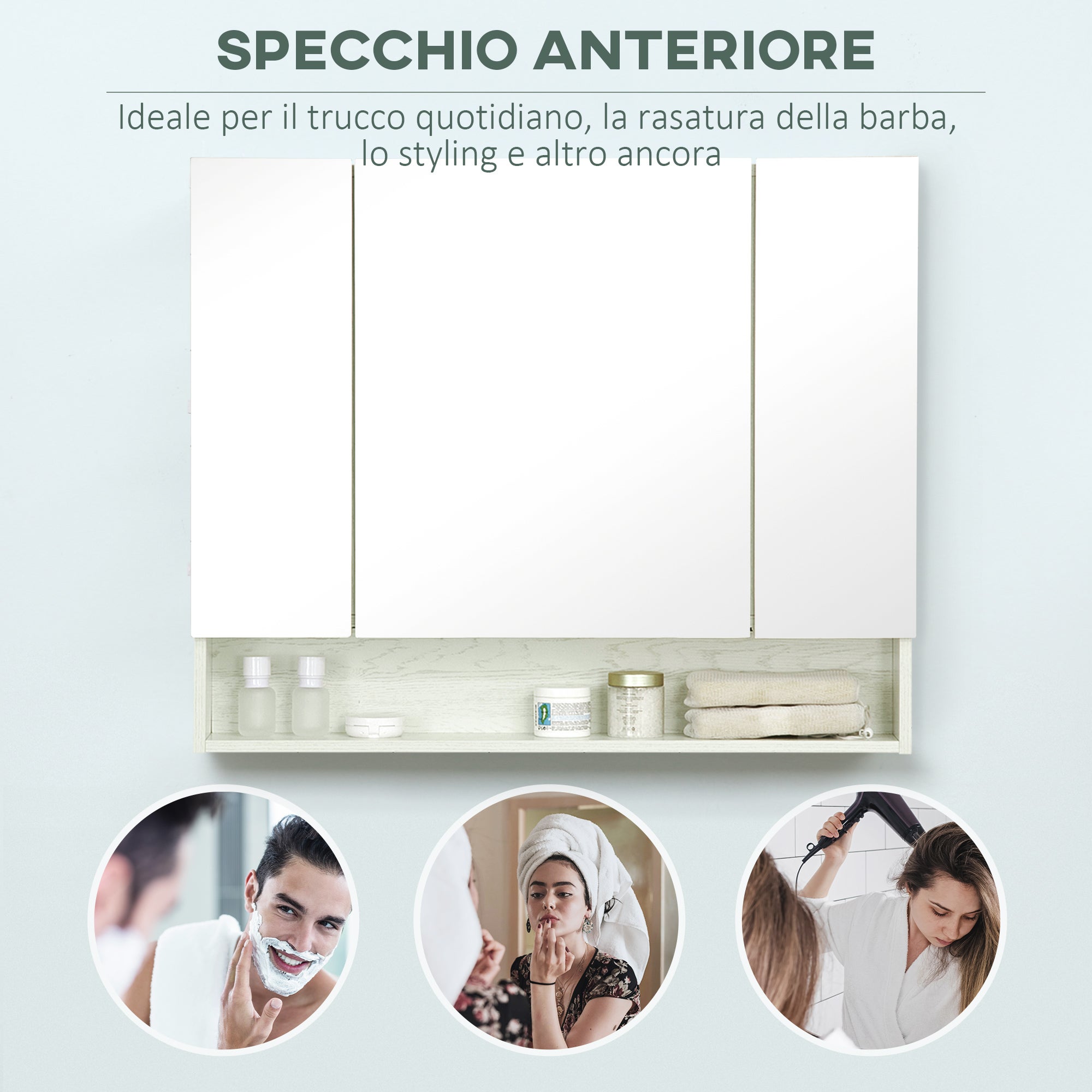 kleankin Armadietto a Specchio per Bagno con Ripiani Regolabili, 3 Porte e Credenze, in MDF e Vetro, 90x15x75 cm, Bianco - 6