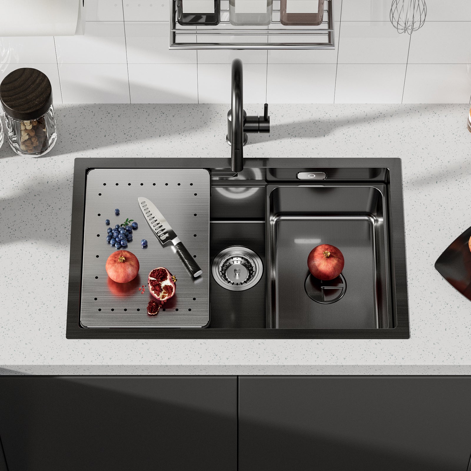 Évier Cuisine 1 Bac 70×44×21CM INOX Trop Plein Évier à Encastrer, avec Egouttoir et Vasque, Noir, EU Modèle - 2