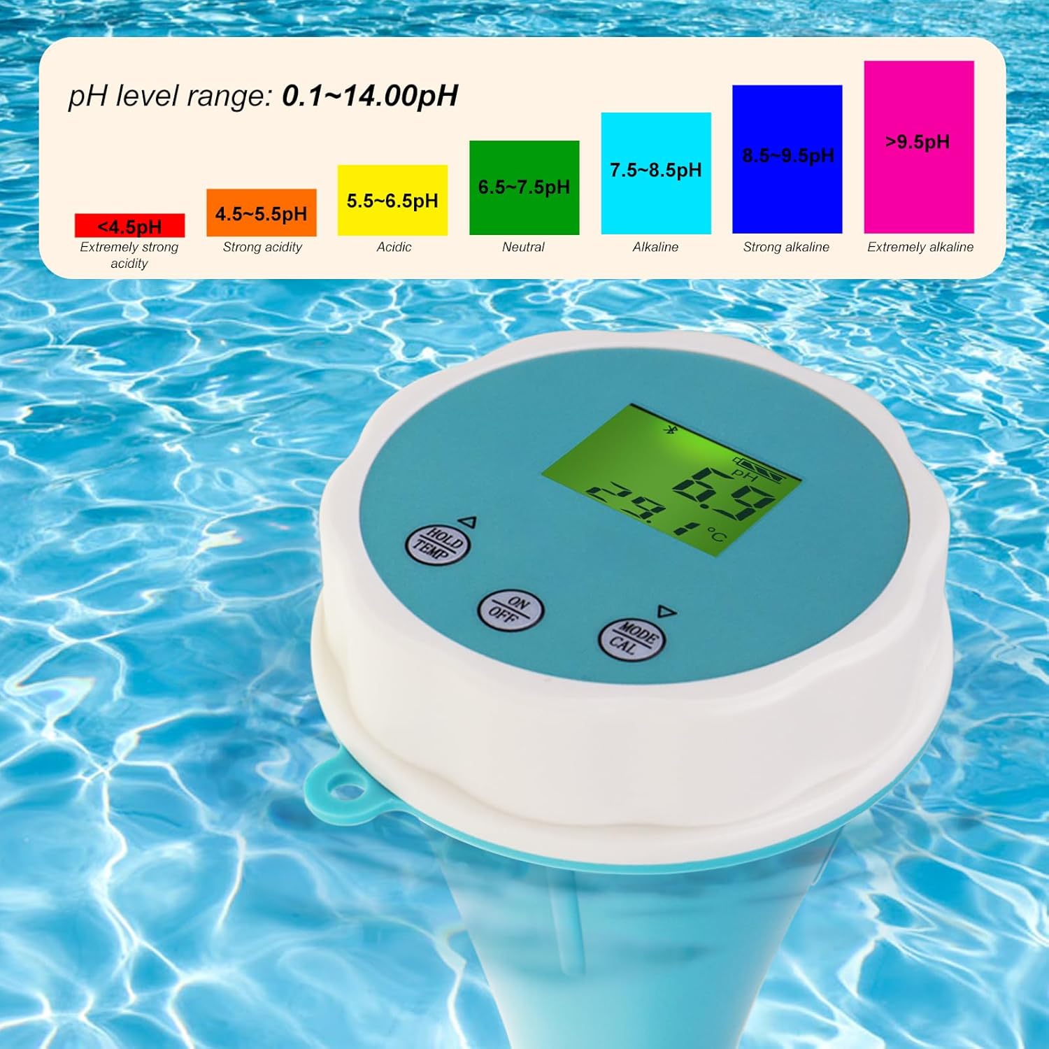 Testeur d'eau de Piscine Bluetooth 6-en-1 EC/Salinité/pH/ORP/Temperature/Chlore, Compteur Sans fil Flottant Intelligent de Surveillance de Piscine - 5