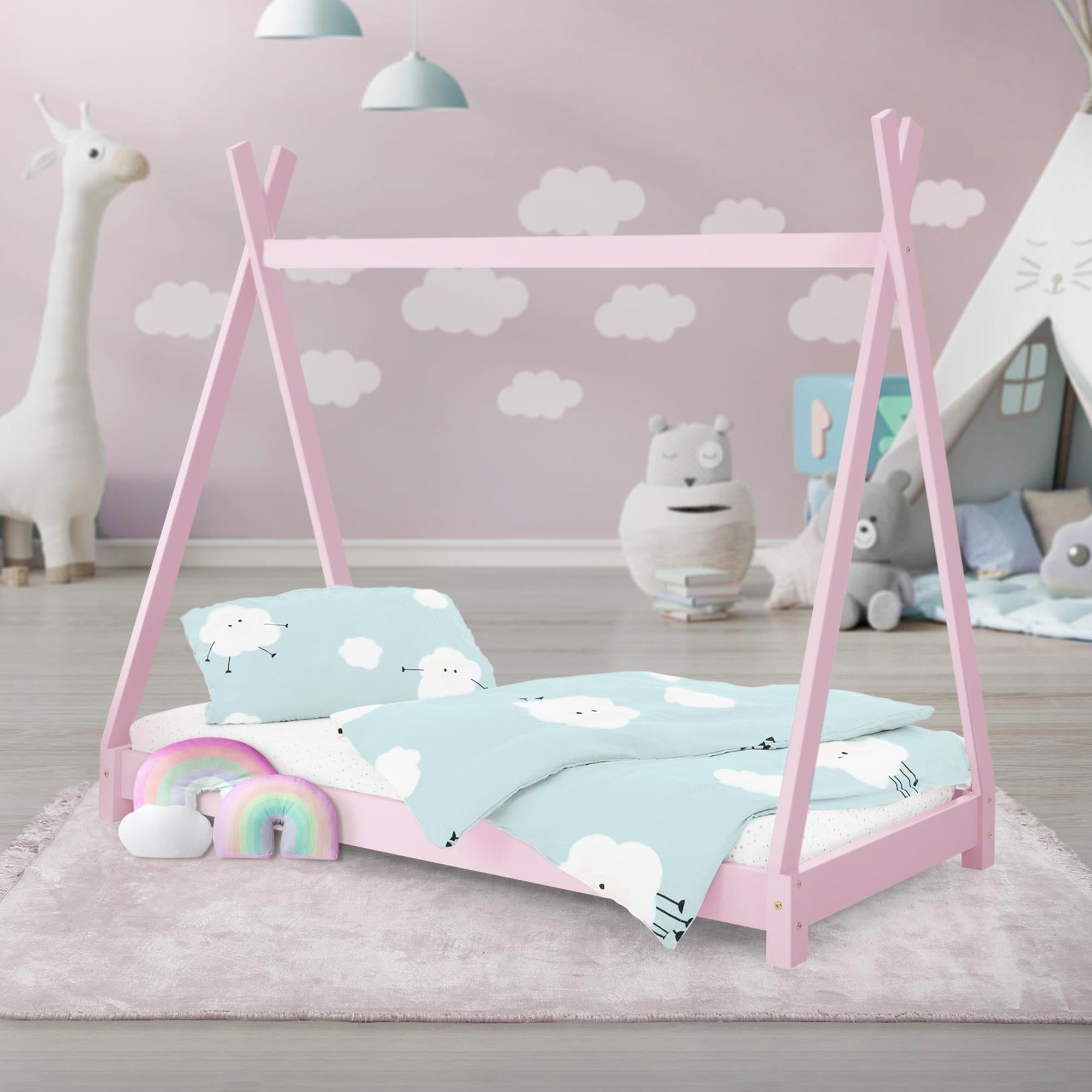 ML-Design łóżko tipi 70x140 cm różowy z ramą listwową w stylu indianskim wykonane z drewna sosnowego dla chłopców i dziewczynek łóżko młodzieżowe